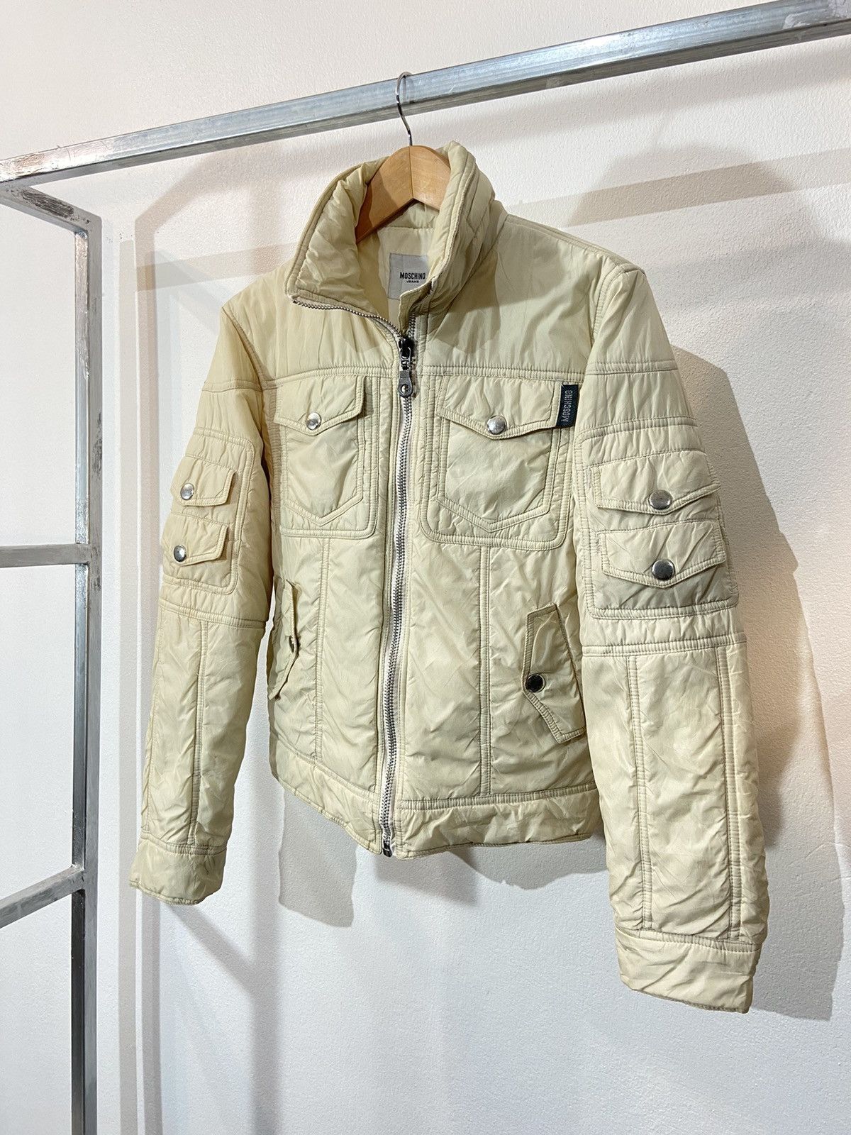 image of Moschino Multi Pocket Cargo Puffer Love Jacket in Off White, Men's (Size Small)