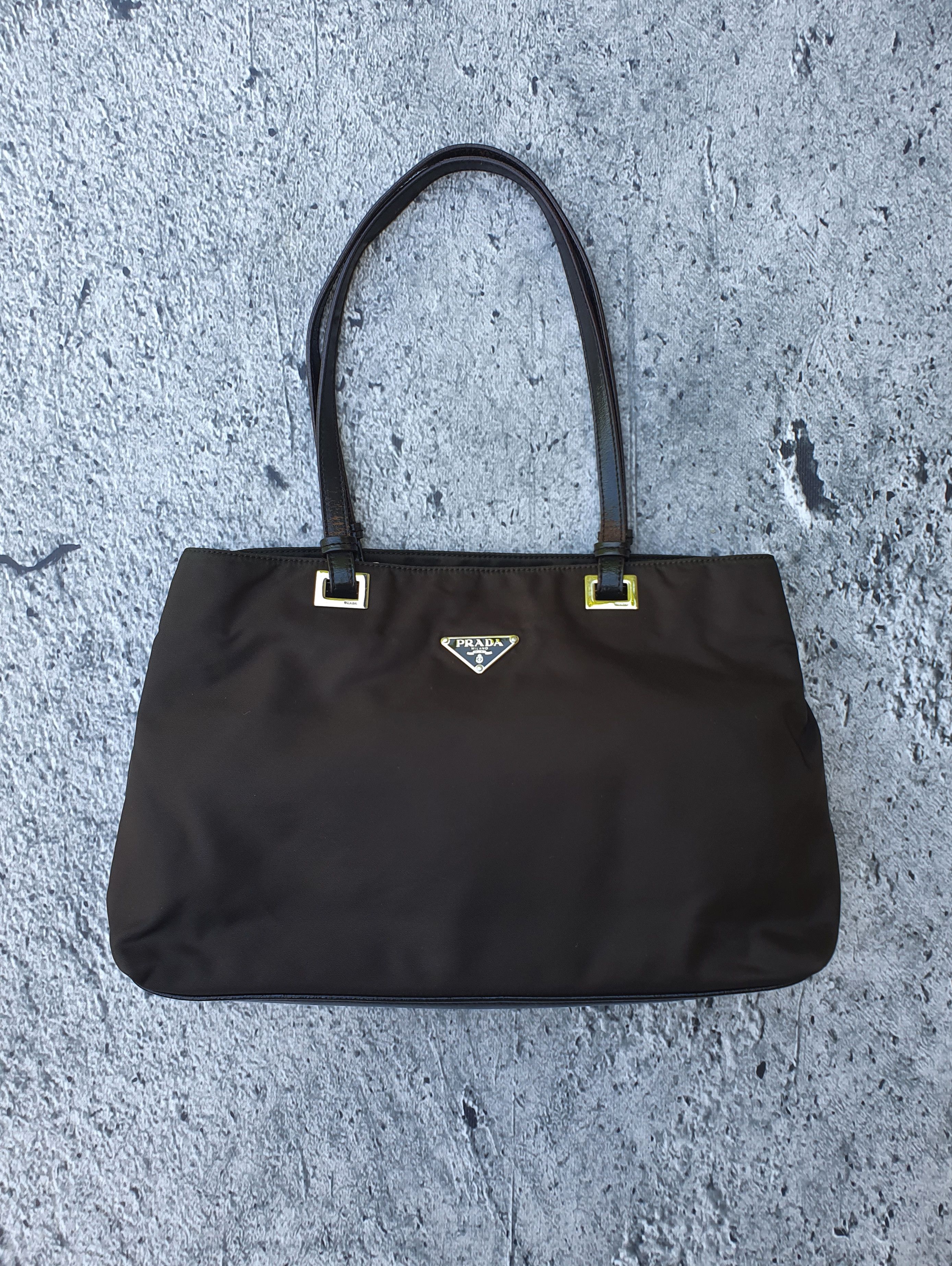image of Prada Triangle Logo Brown Nylon Leather Handbag, Women's