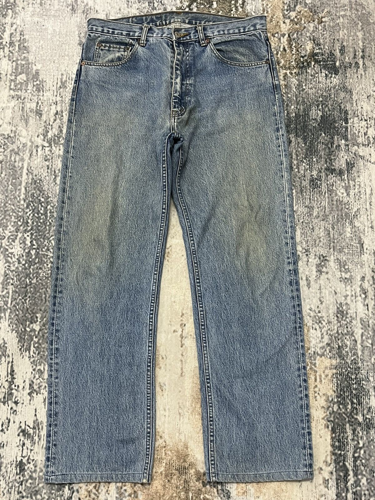 image of Vintage Levis 505 Distressed Straight Cut Denim Jeans in Blue Distressed, Men's (Size 34)