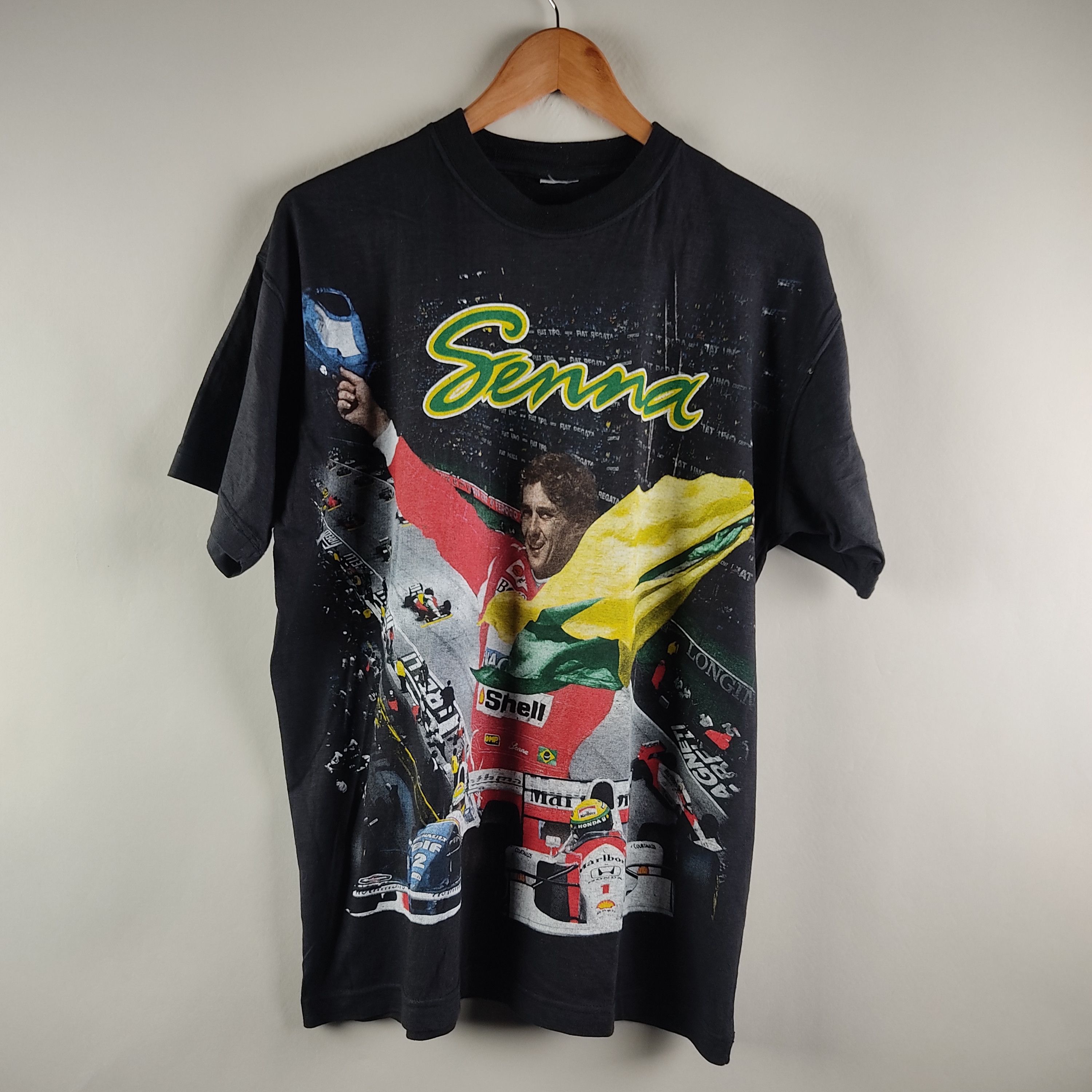 image of Racing x Rap Tees 90's Ayrton Senna Full Print Rap Tee Formula One in Black, Men's (Size XL)