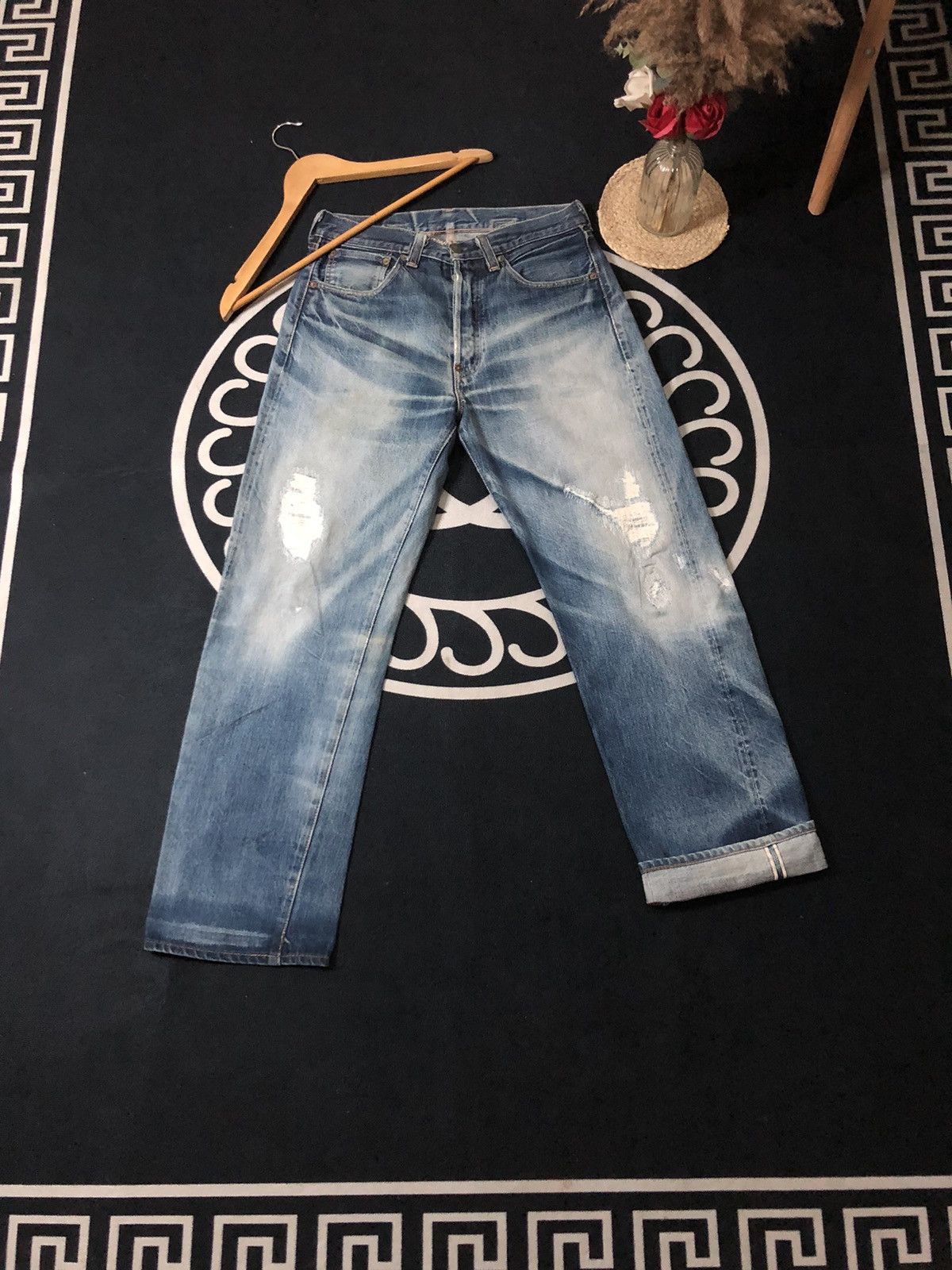 image of Distressed Denim x Levis Vintage 90’ Levis Big E Reproduct 1937 Selvedge Denim Jeans in Blue (Size 