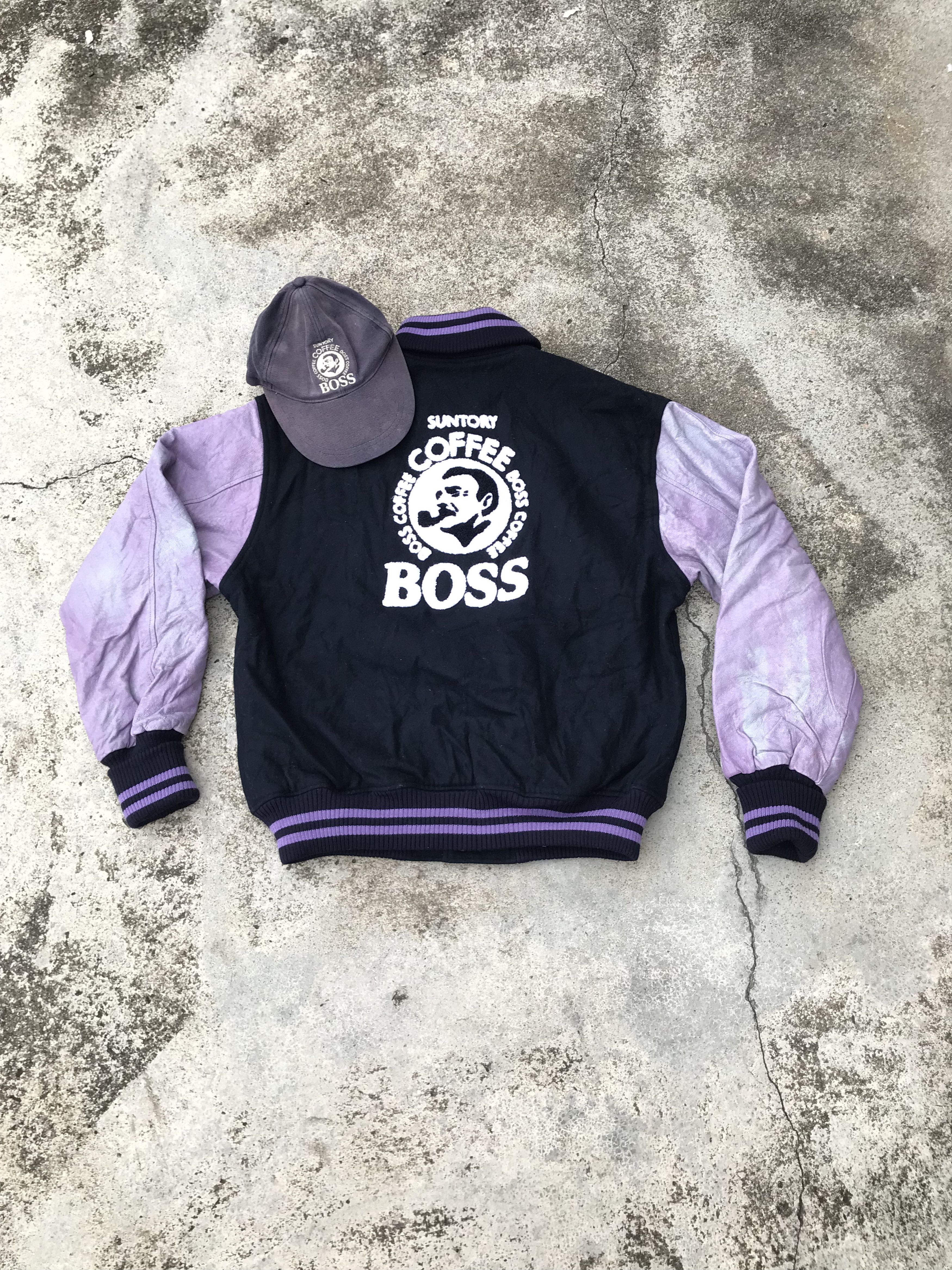 image of Leather Jacket x Varsity Jacket Suntory Boss Coffee Jacket in Blue, Men's (Size Large)