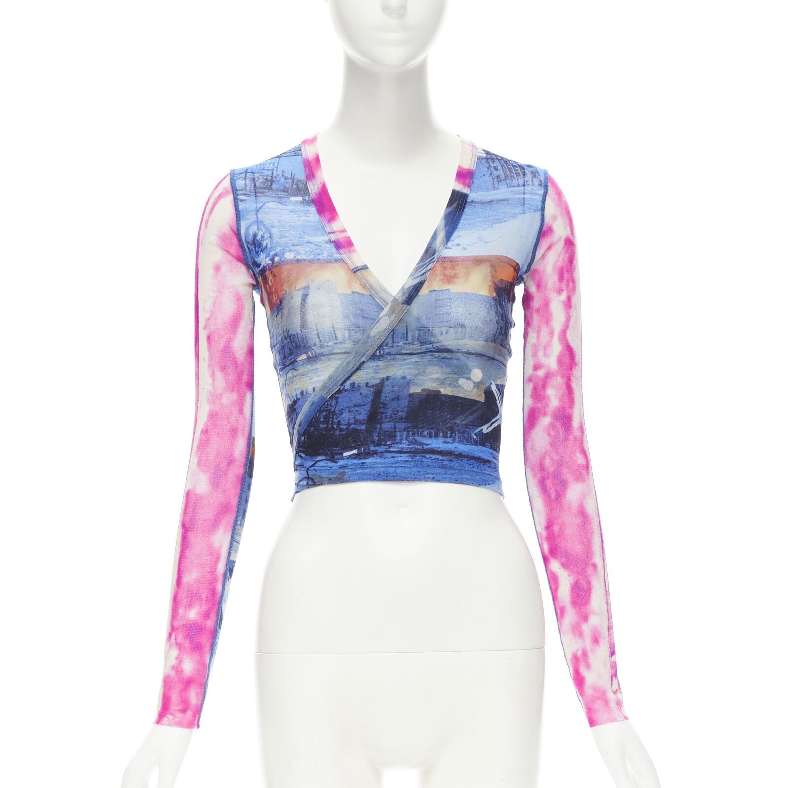 image of Jean Paul Gaultier Soleil Vintage Blue Pink Cityscape Sheer Wrap Top S, Women's (Size Small)