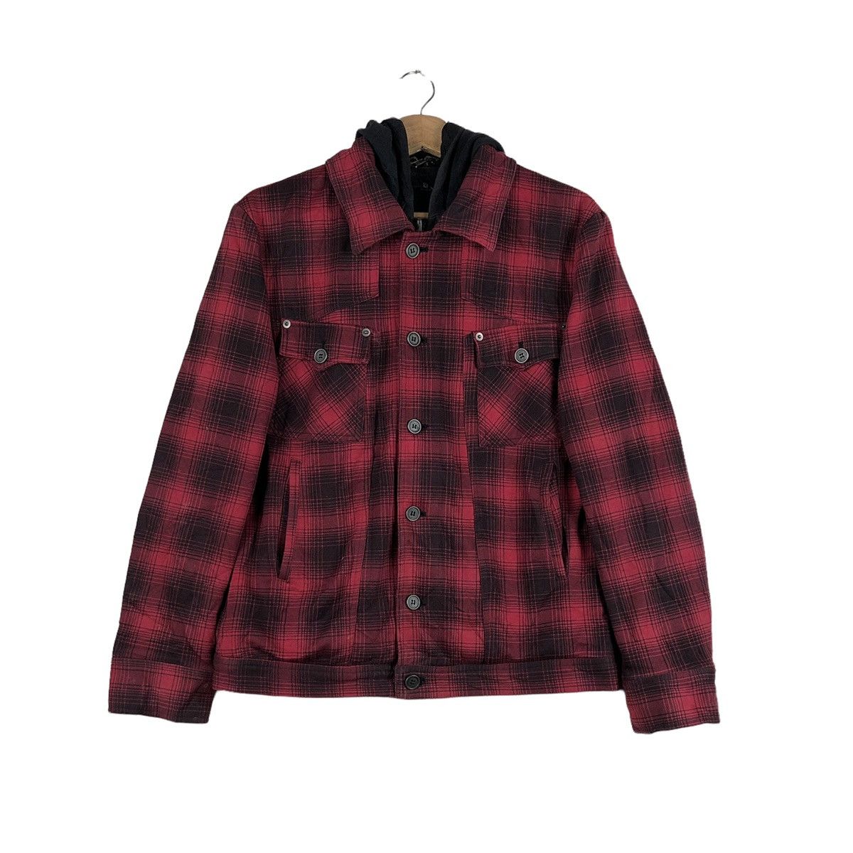 image of Punk Style Plaid Flannel Hooded Shirt in Red, Women's (Size Medium)