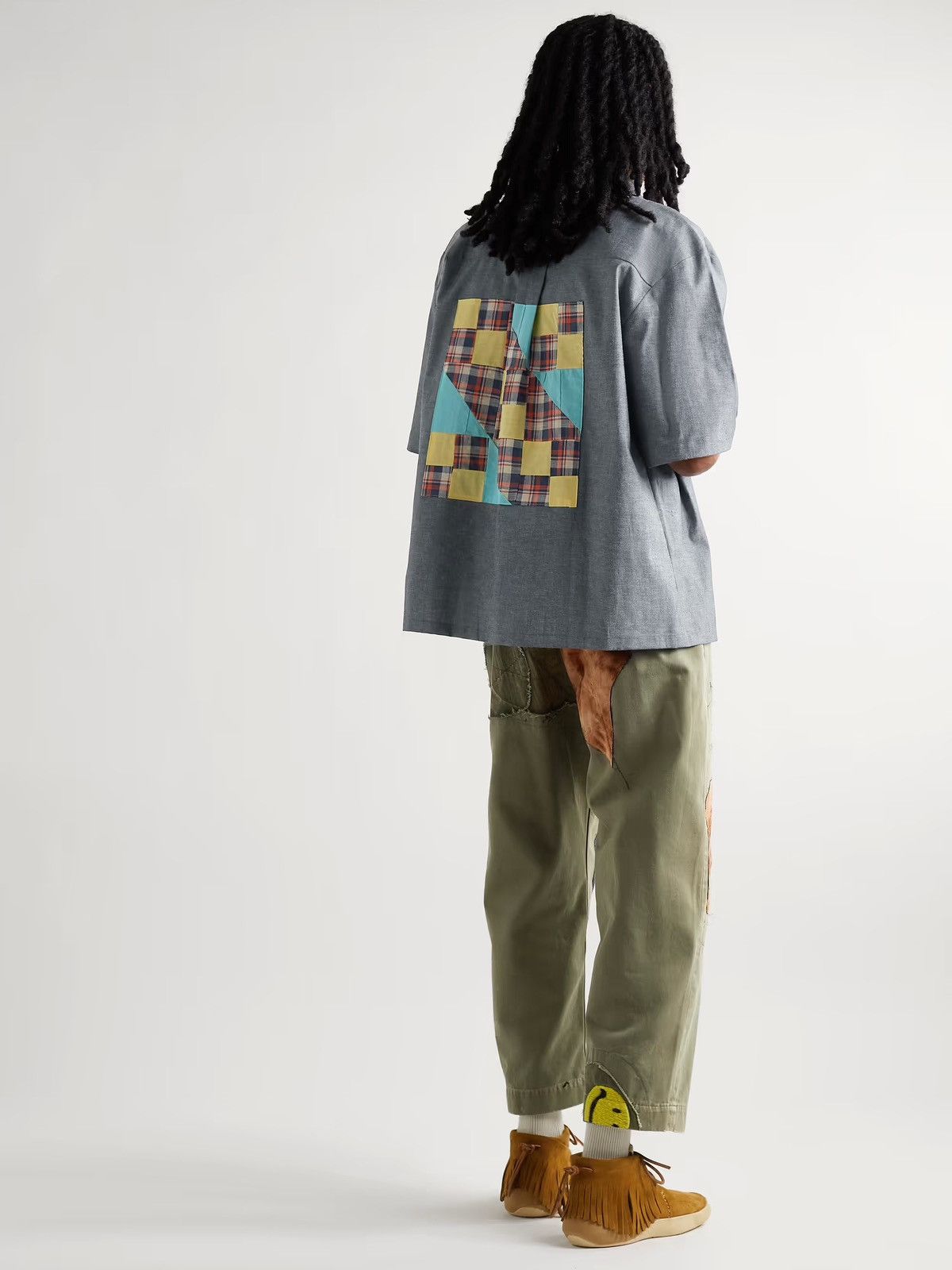 image of Carleen Camp-Collar Patchwork Cotton-Chambray Shirt in Grey, Men's (Size Small)