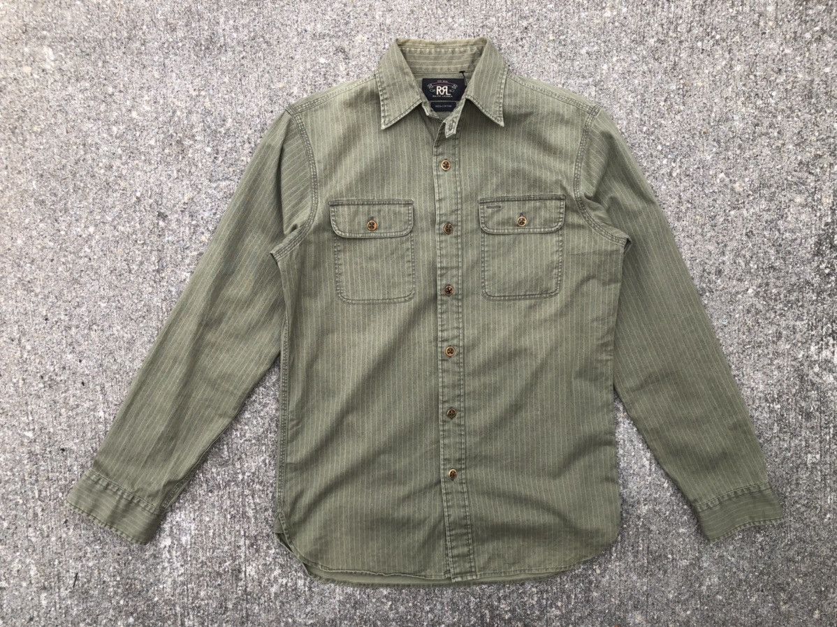 image of Rrl Ralph Lauren Vintage Rr Ralph Laurent Striped Olive Green Work Shirt, Men's (Size Small)