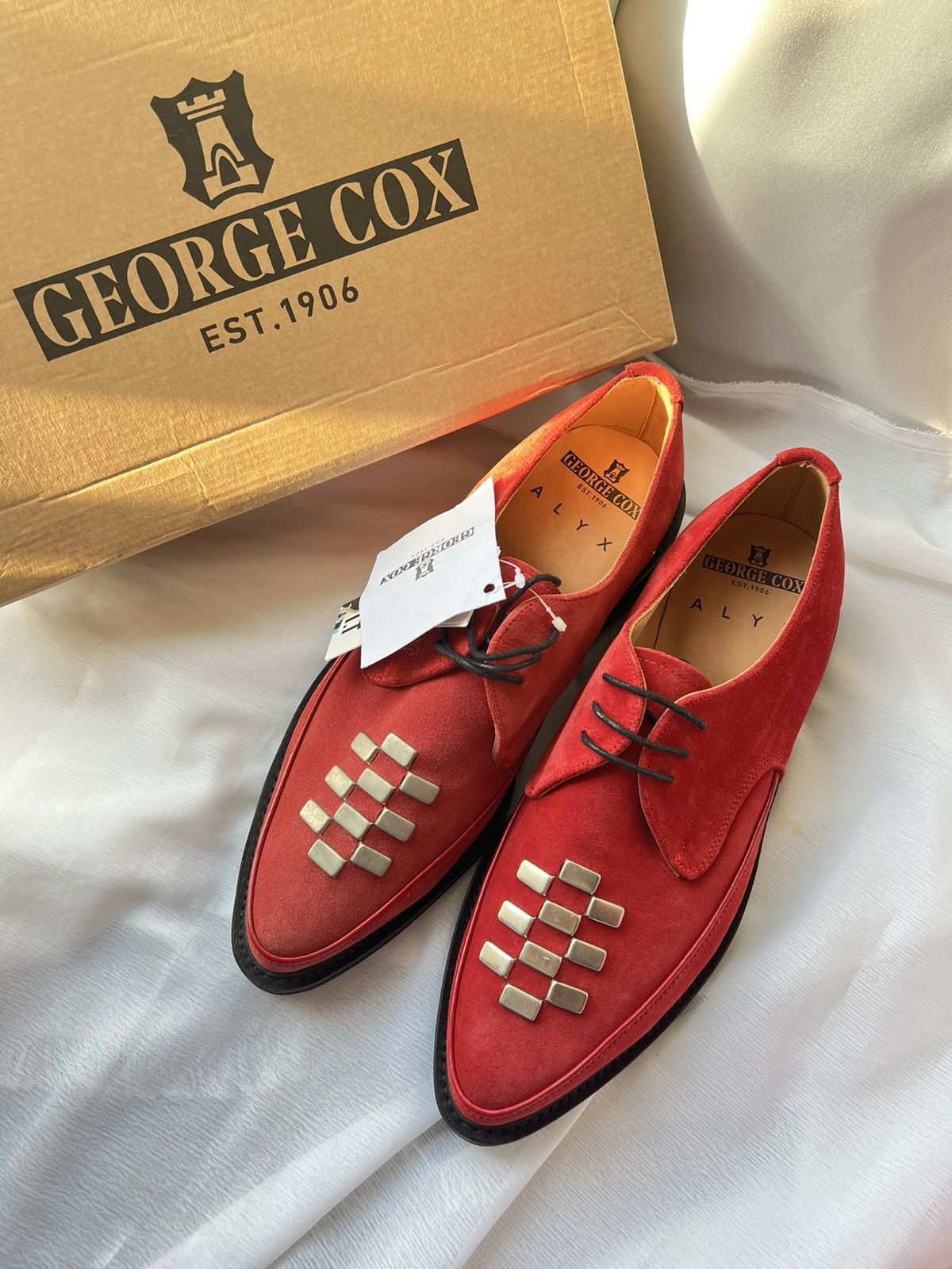 image of 1017 Alyx 9Sm x Alyx George Cox Studded Suede Derby Creepers Shoes in Red, Men's (Size 11)