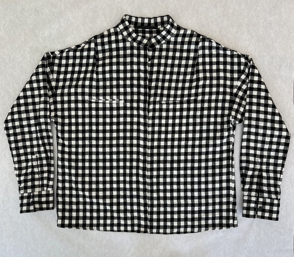 Wool/Linen Band Collar Small Checked Button Down