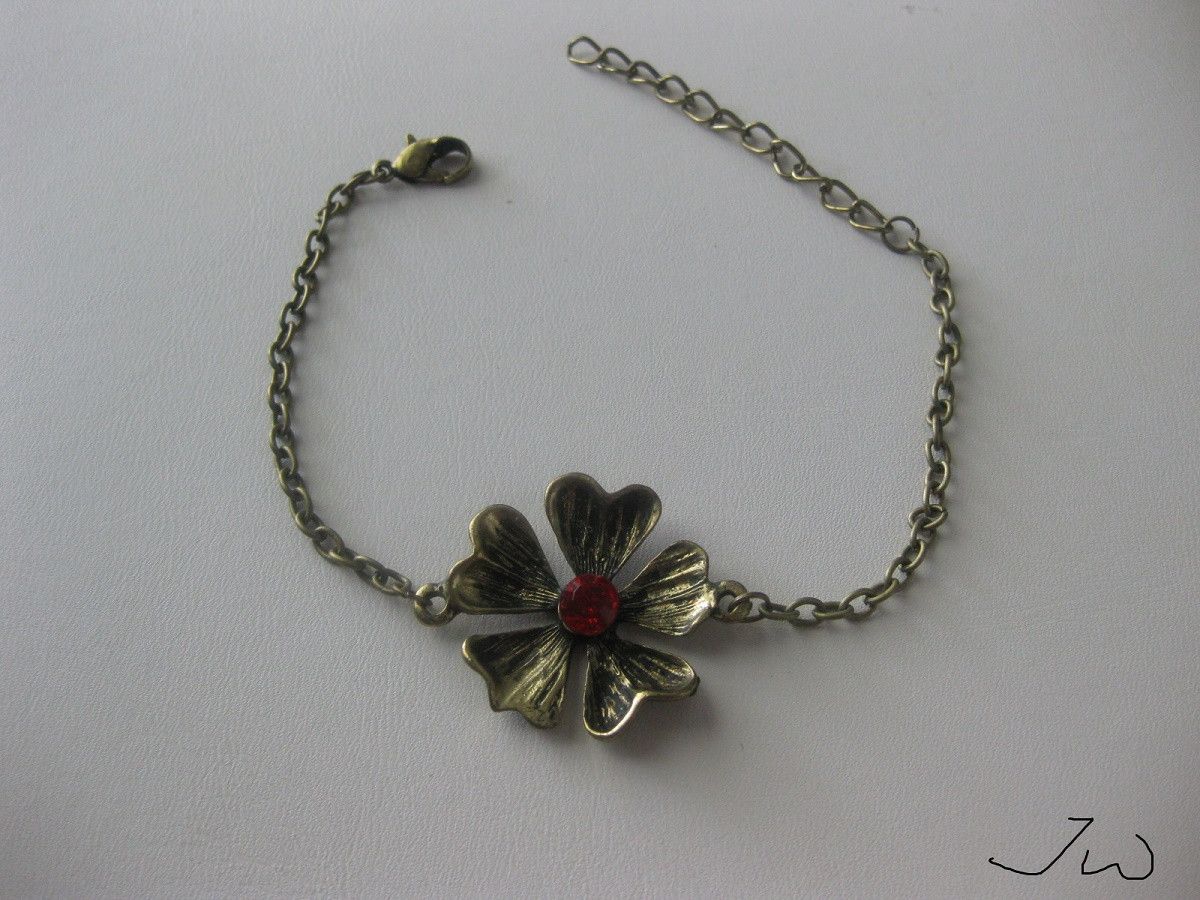 Handmade Red CZ Flower Bronze Chain Bracelet Size ONE SIZE - 2 Thumbnail