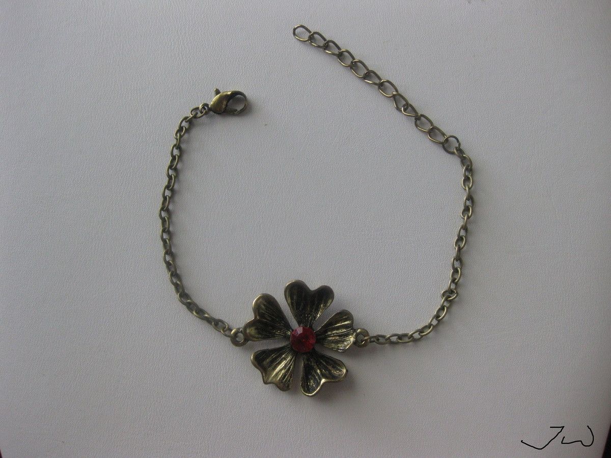 Handmade Red CZ Flower Bronze Chain Bracelet Size ONE SIZE - 1 Thumbnail