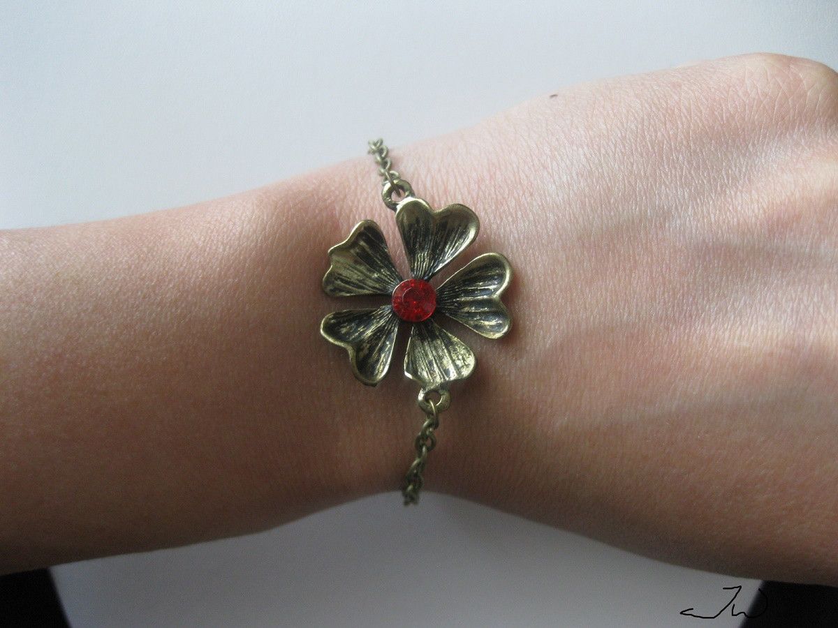 Handmade Red CZ Flower Bronze Chain Bracelet Size ONE SIZE - 3 Thumbnail