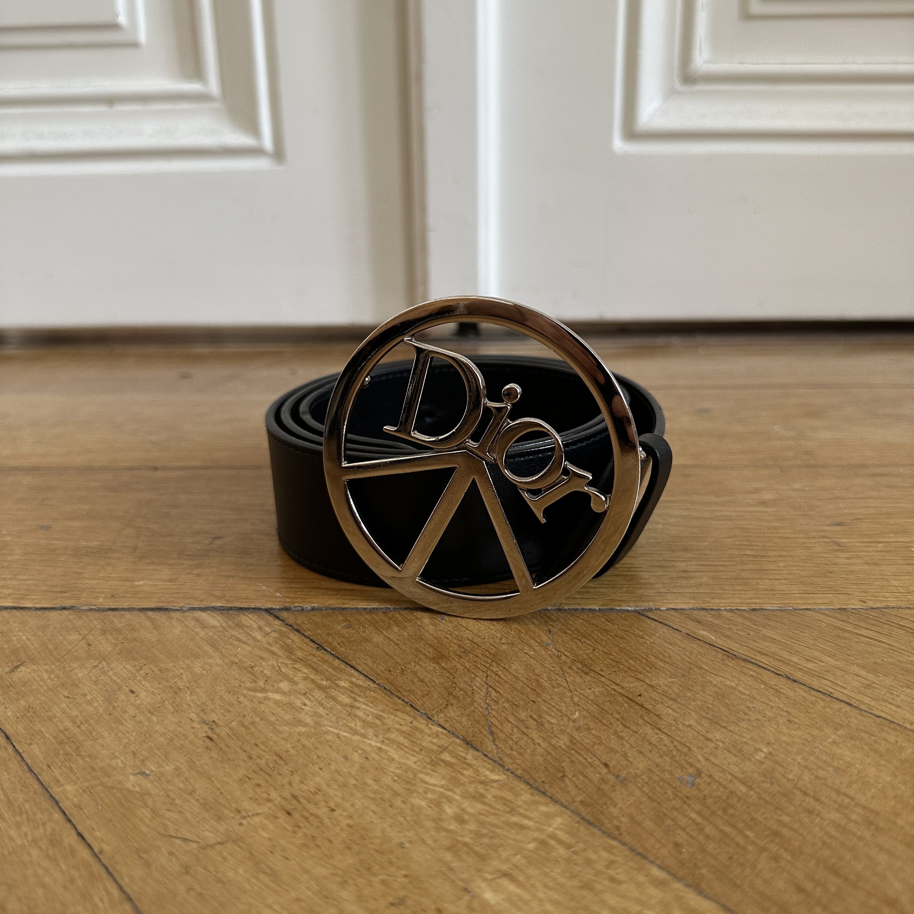 image of Dior By John Galliano Ss05 Peace Logo Buckle Leather Belt in Black, Women's