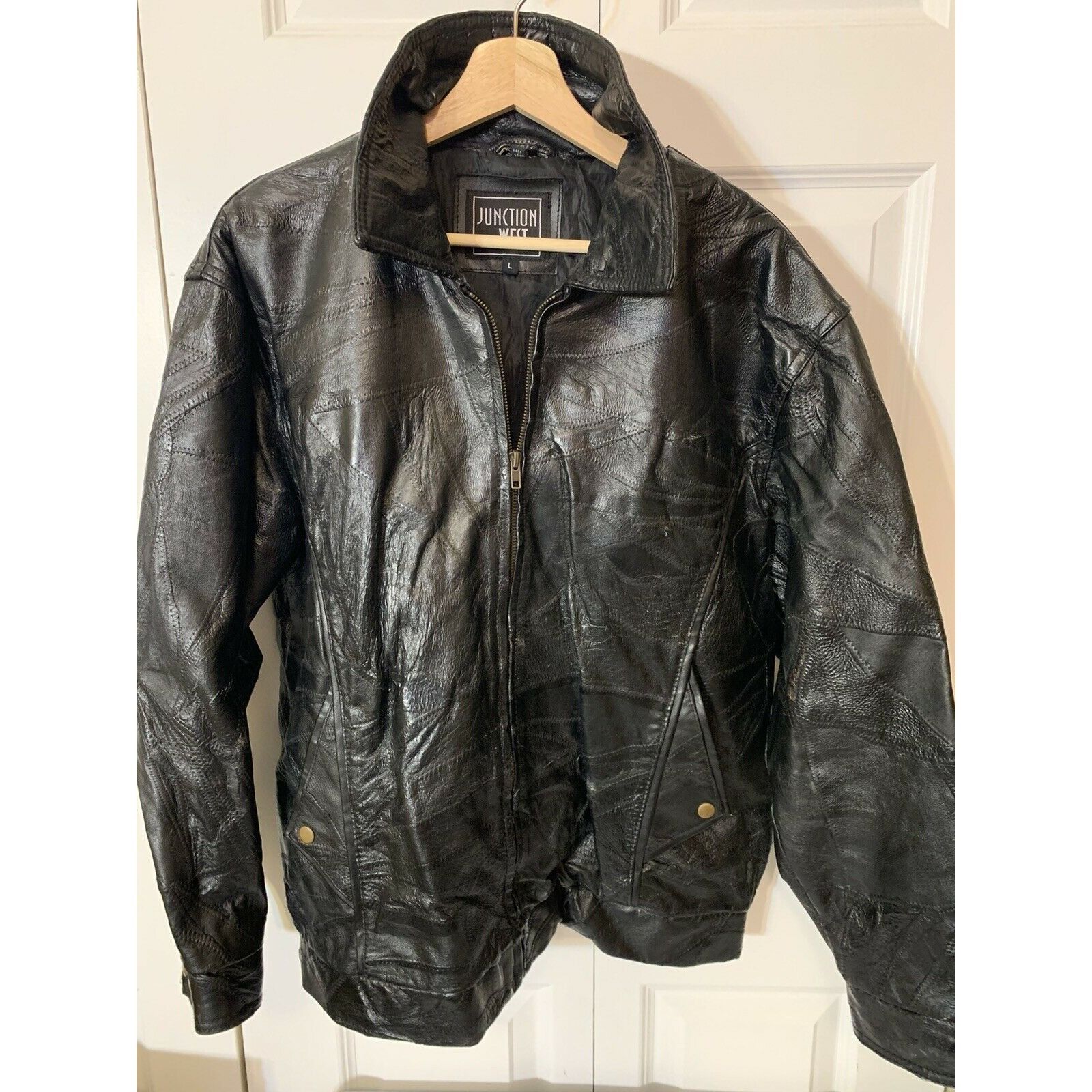 Other JUNCTION WEST LEATHER JACKET Mens Sz L Black Full Zip patchw Size US L / EU 52-54 / 3 - 1 Thumbnail