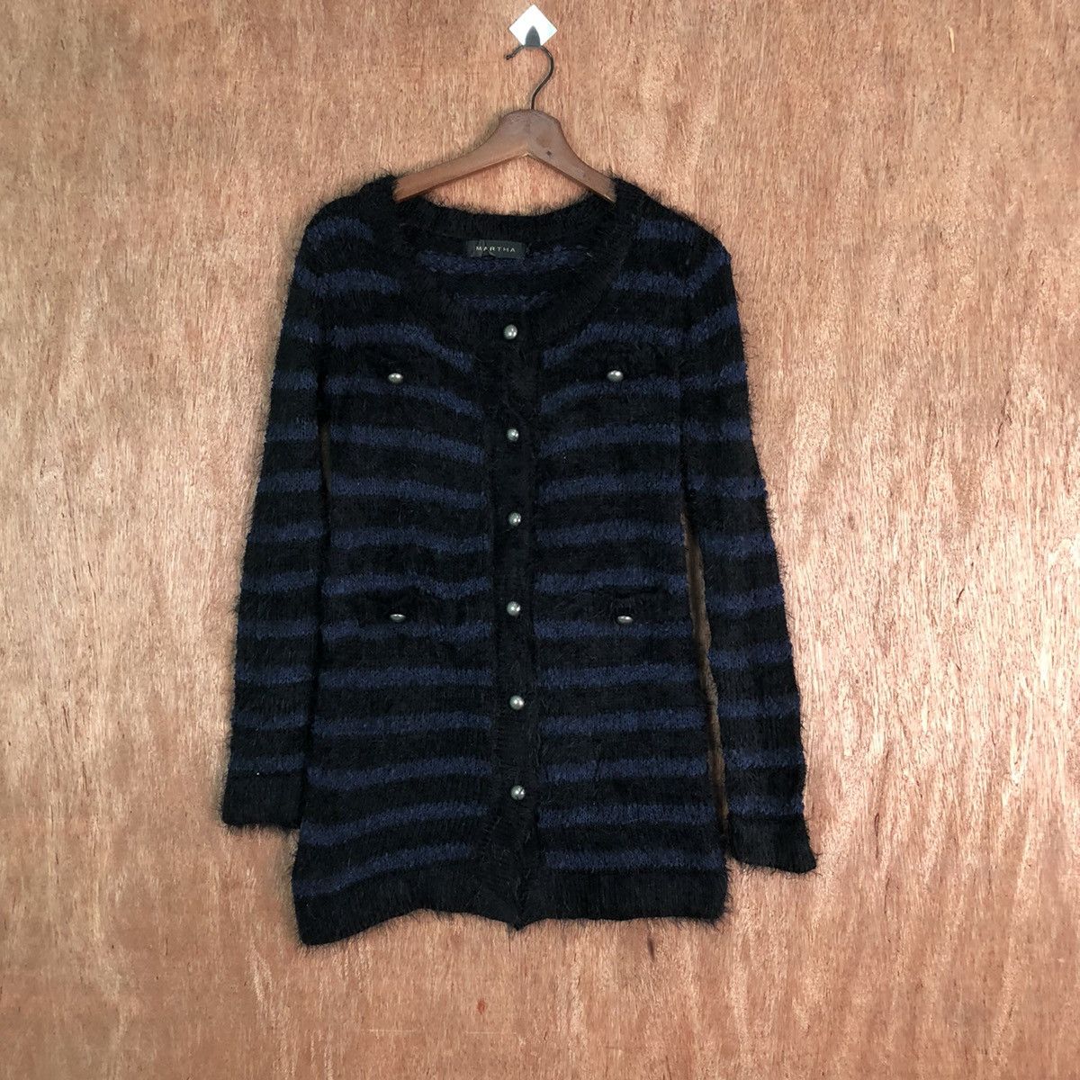 image of Homespun Knitwear x Over The Stripes Martha Stripe Shag Shaggy Fur Mohair Knitwear 6508 in Dark Blu