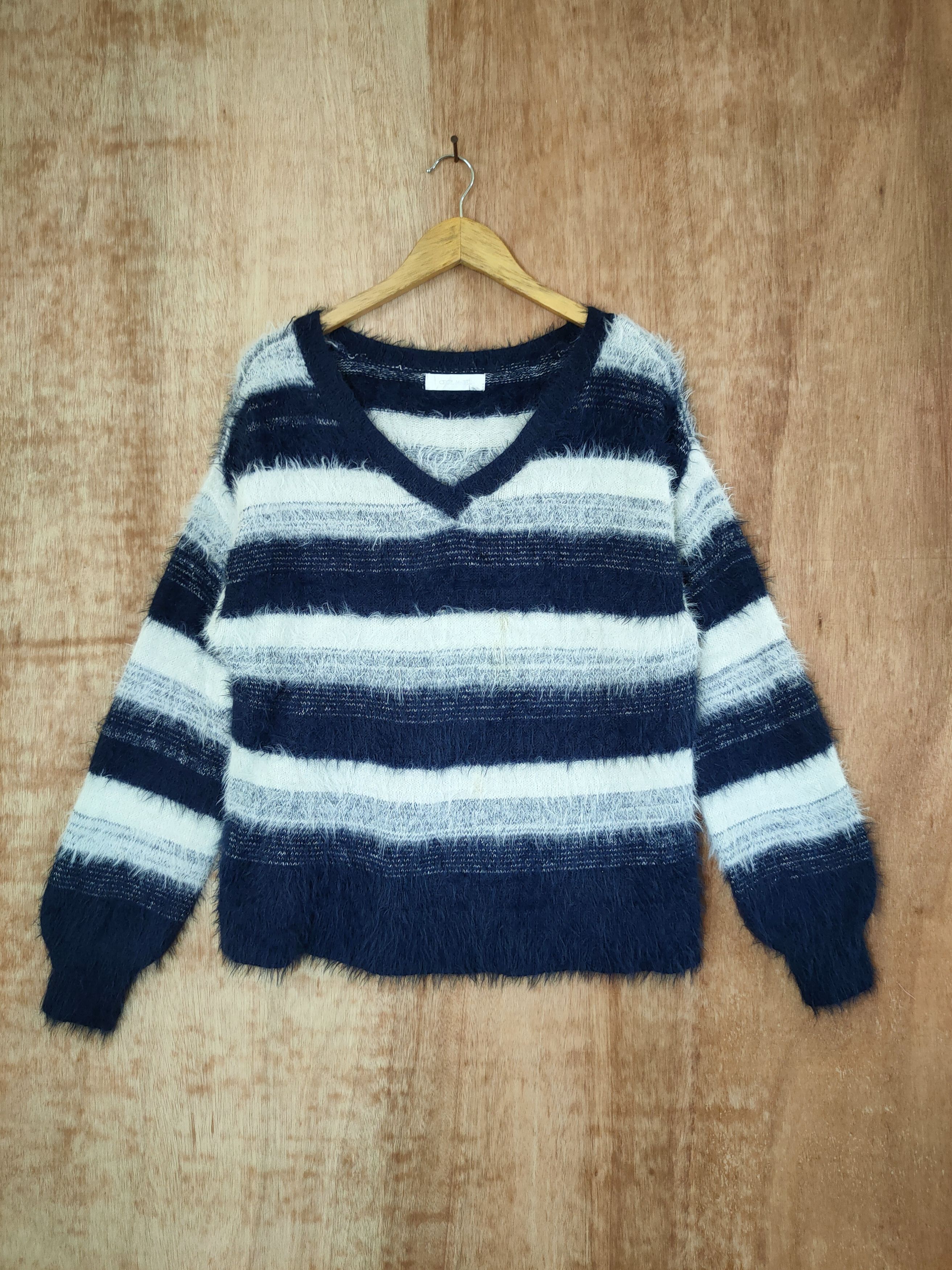 image of Coloured Cable Knit Sweater x Individual Designer Cecil Mc Bee Stripe Mohair Fur Shaggy Knitwear 46