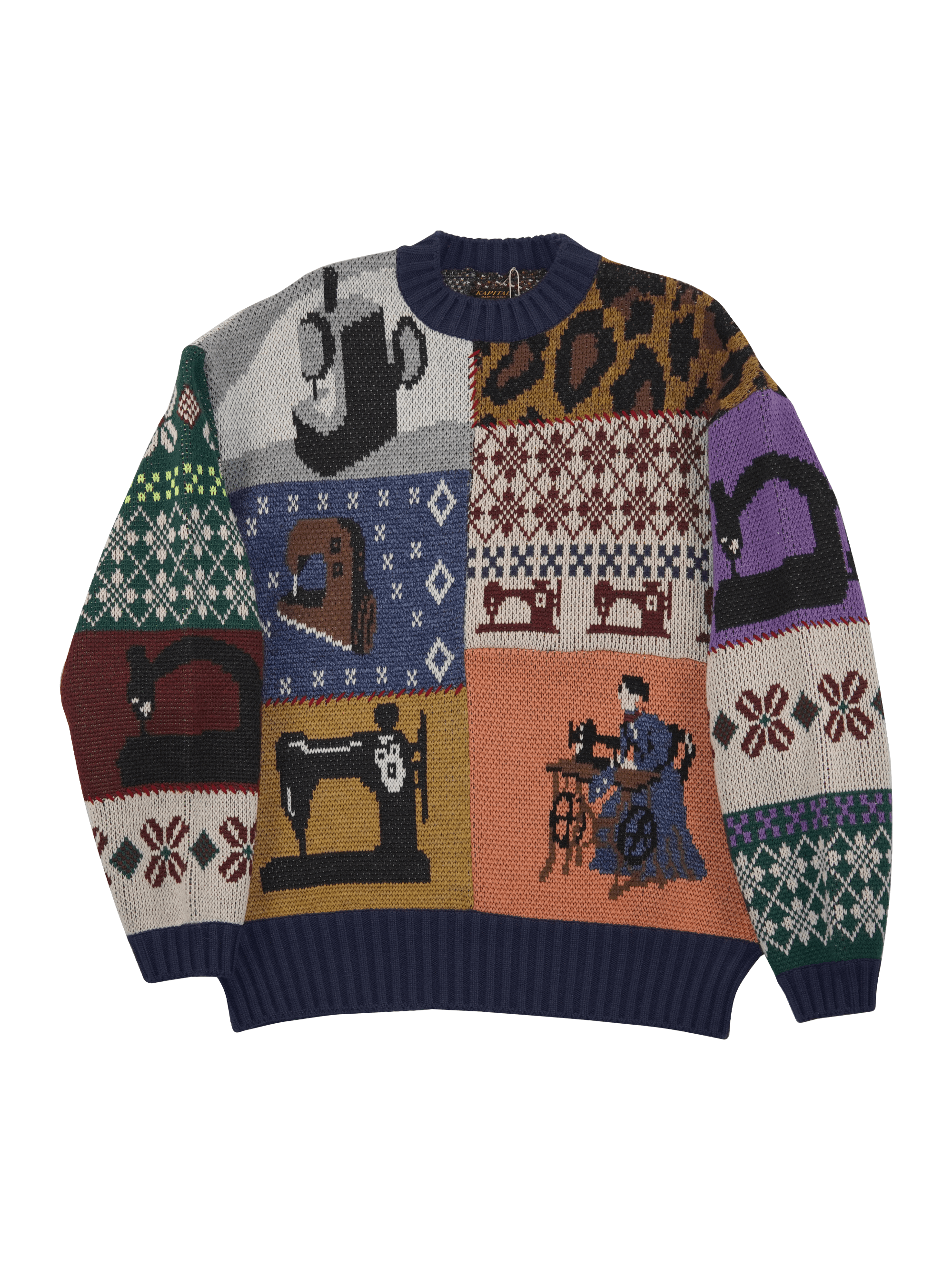 Kapital 5G Wool KUROGANE MISHIN Patchwork Crew Sweater - Navy Size US L / EU 52-54 / 3 - 1 Thumbnail