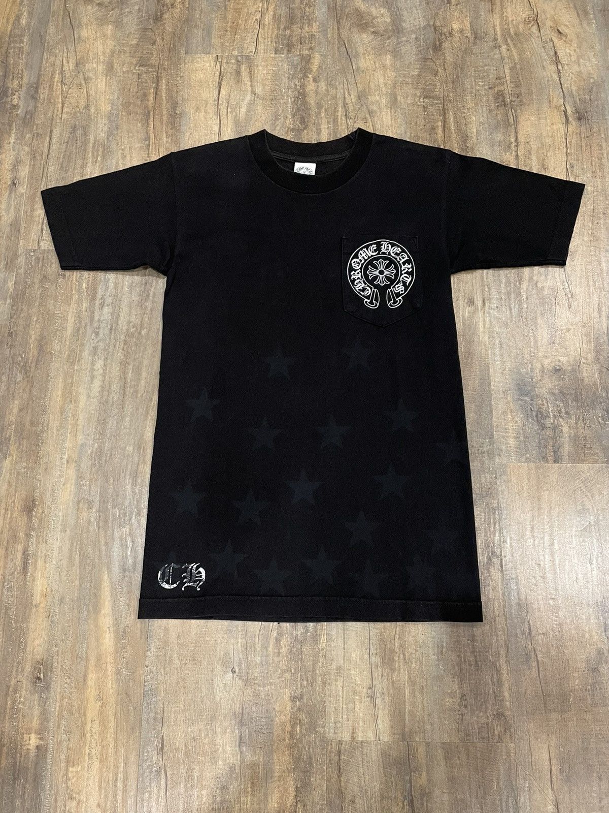 image of Chrome Hearts Horseshoe Scroll Stars Logo Pocket Tee in Black, Men's (Size Small)