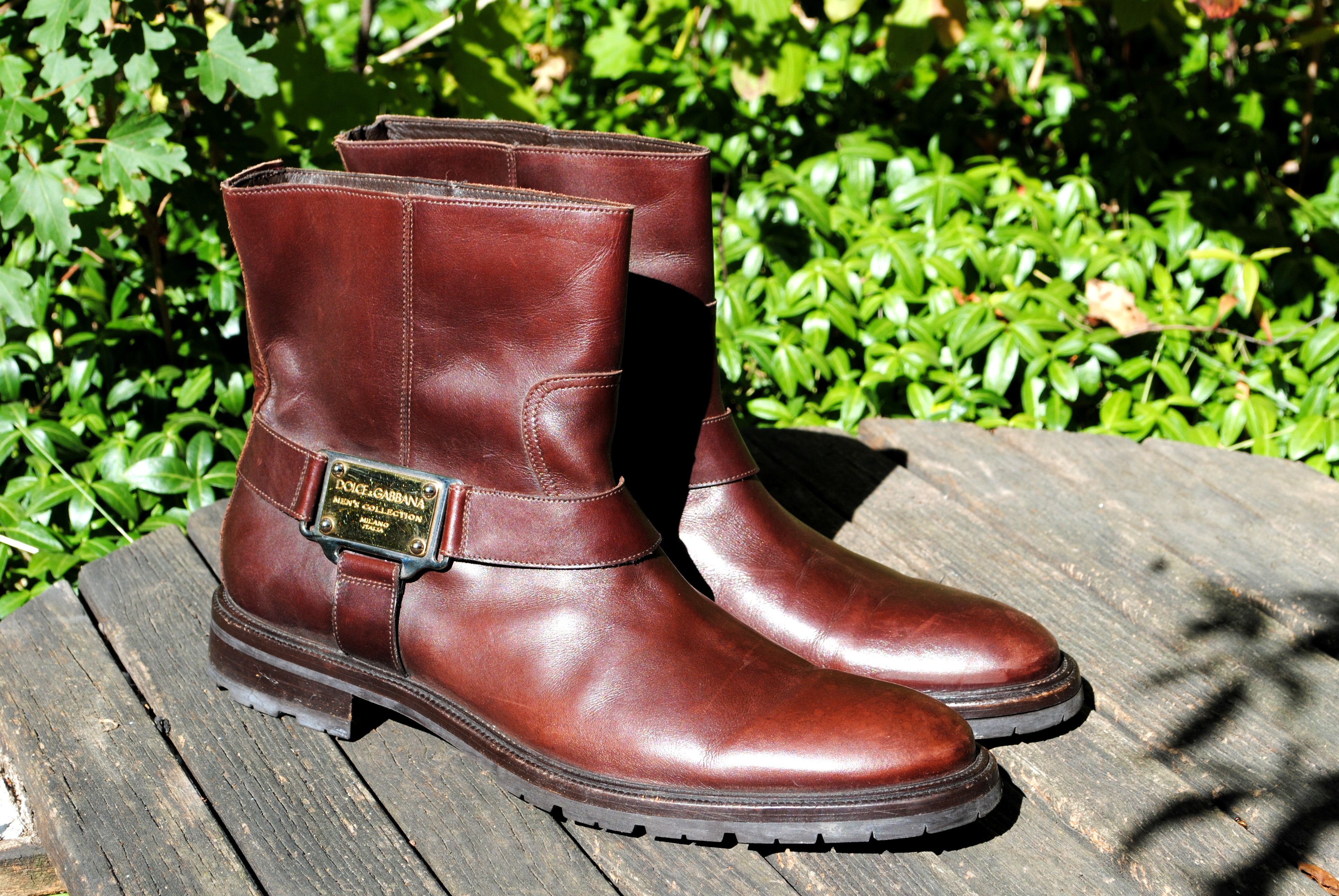 Dolce & Gabbana Burgundy Leather Strap Metal Logo Boots | Grailed