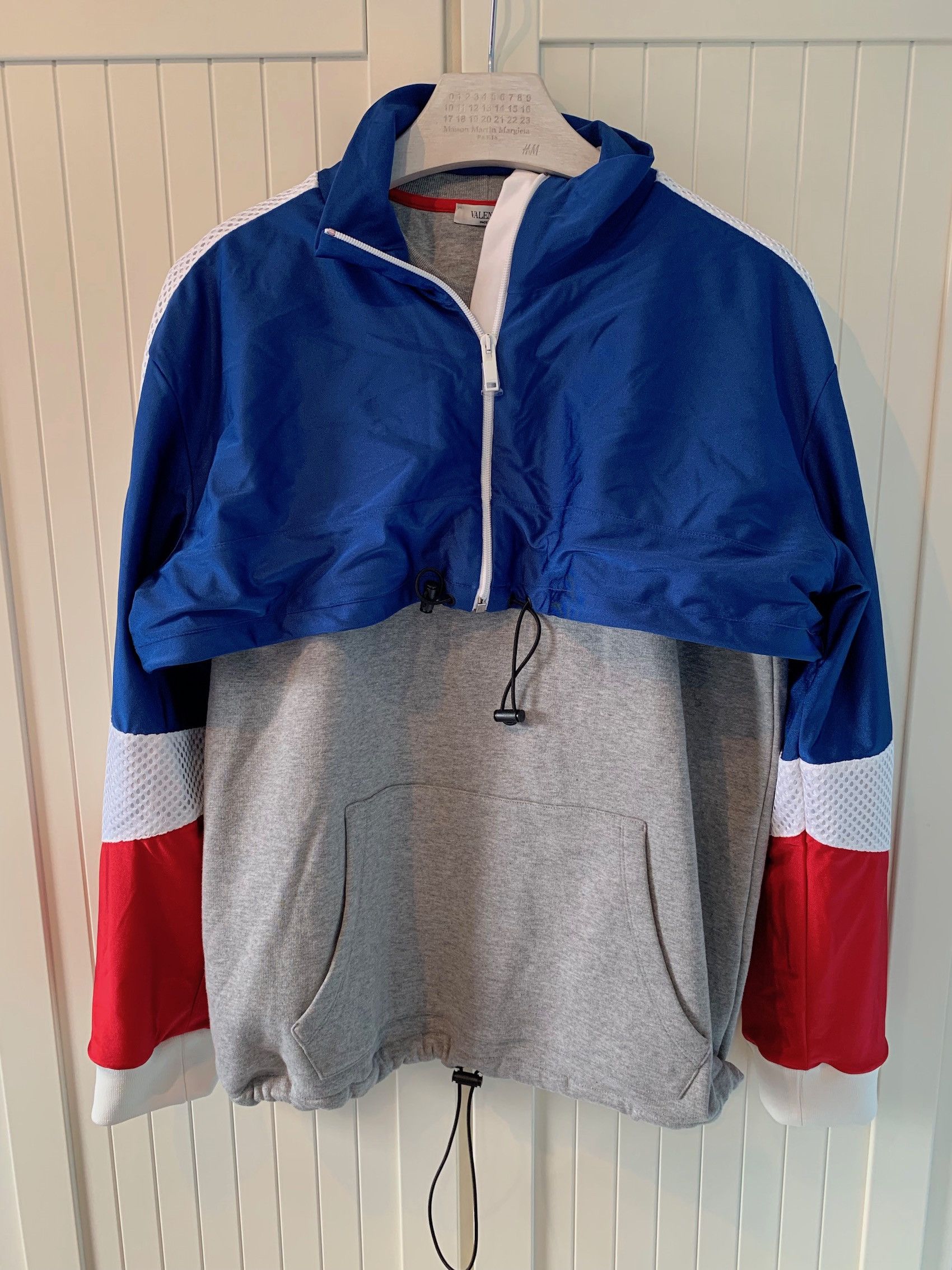 image of Valentino Ss'16 Sweatshirt Deconstructed Drawstring in Gray Blue Red White, Men's (Size Large)