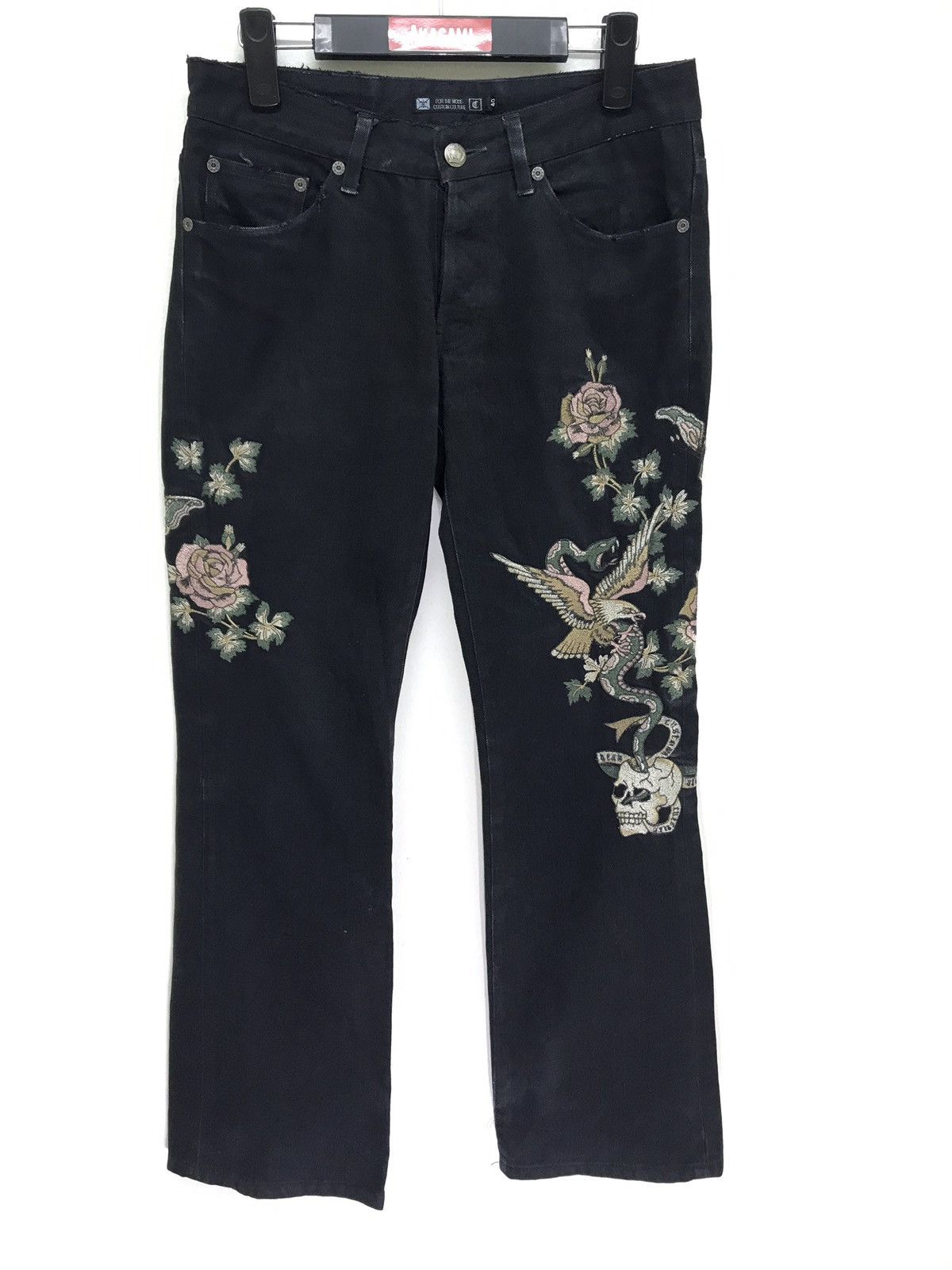 Japanese Brand Custom Culture Black Flare Denim Embroidery Snake Hawk Size US 28 / EU 44 - 2 Thumbnail