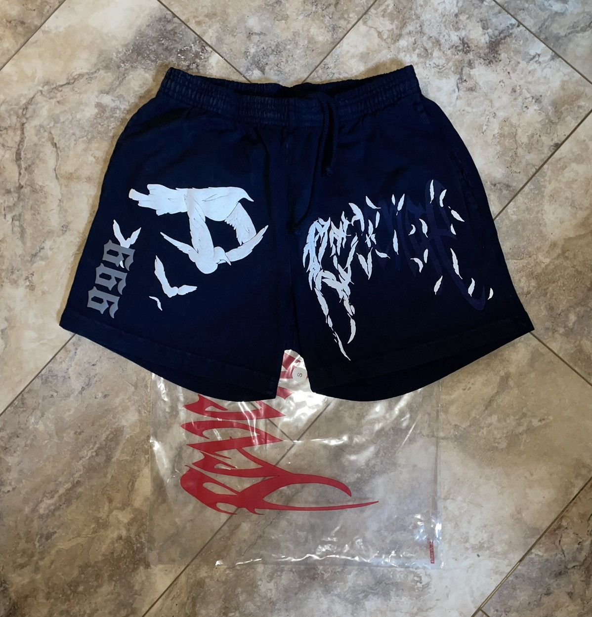 image of 999 Club x Revenge Juice Wrld Dove Shorts Navy S, Men's (Size 27)