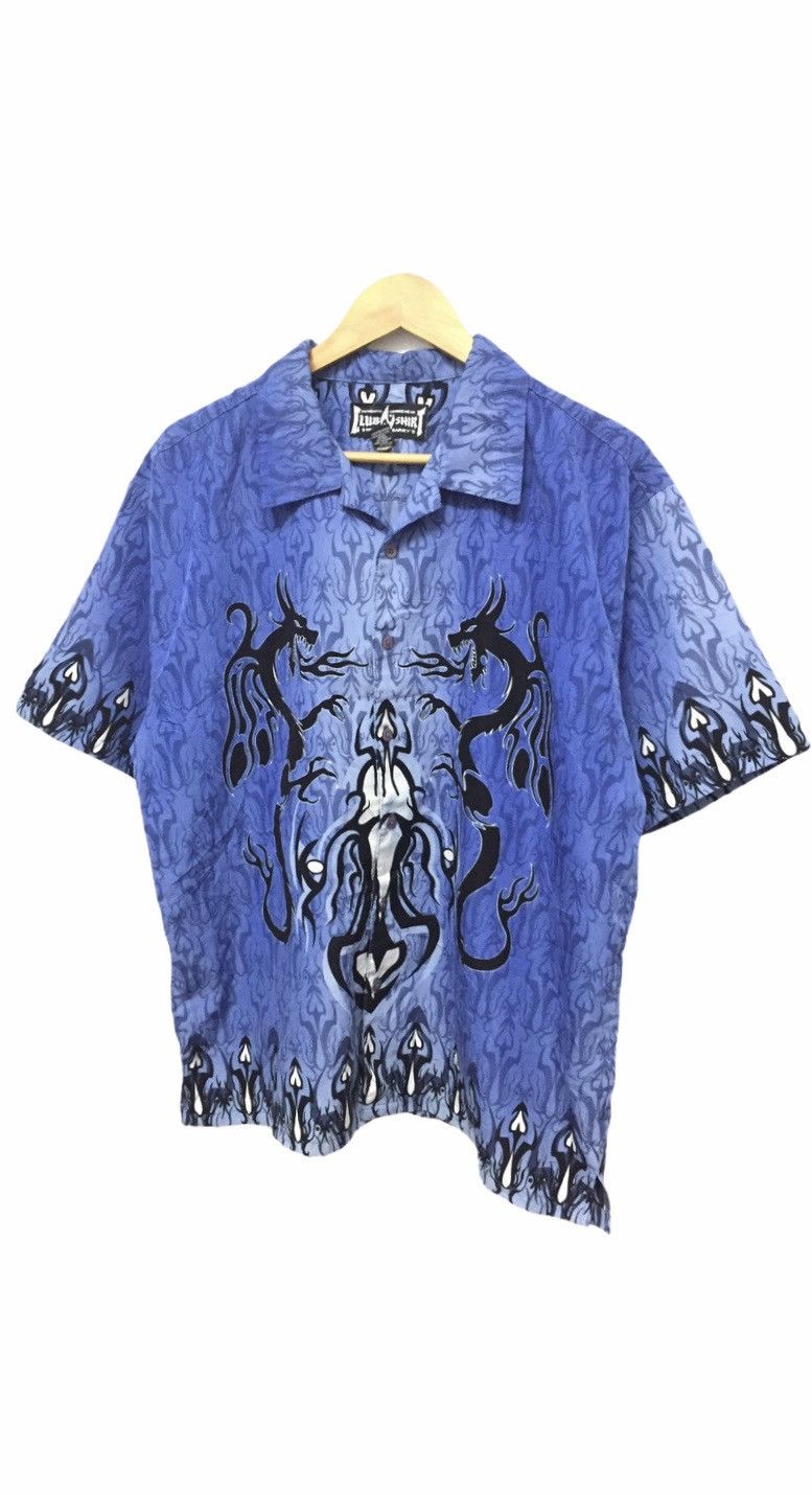 Japanese Brand Fire flame Blue black dragon button up shirt 100% polyester Size US L / EU 52-54 / 3 - 2 Thumbnail