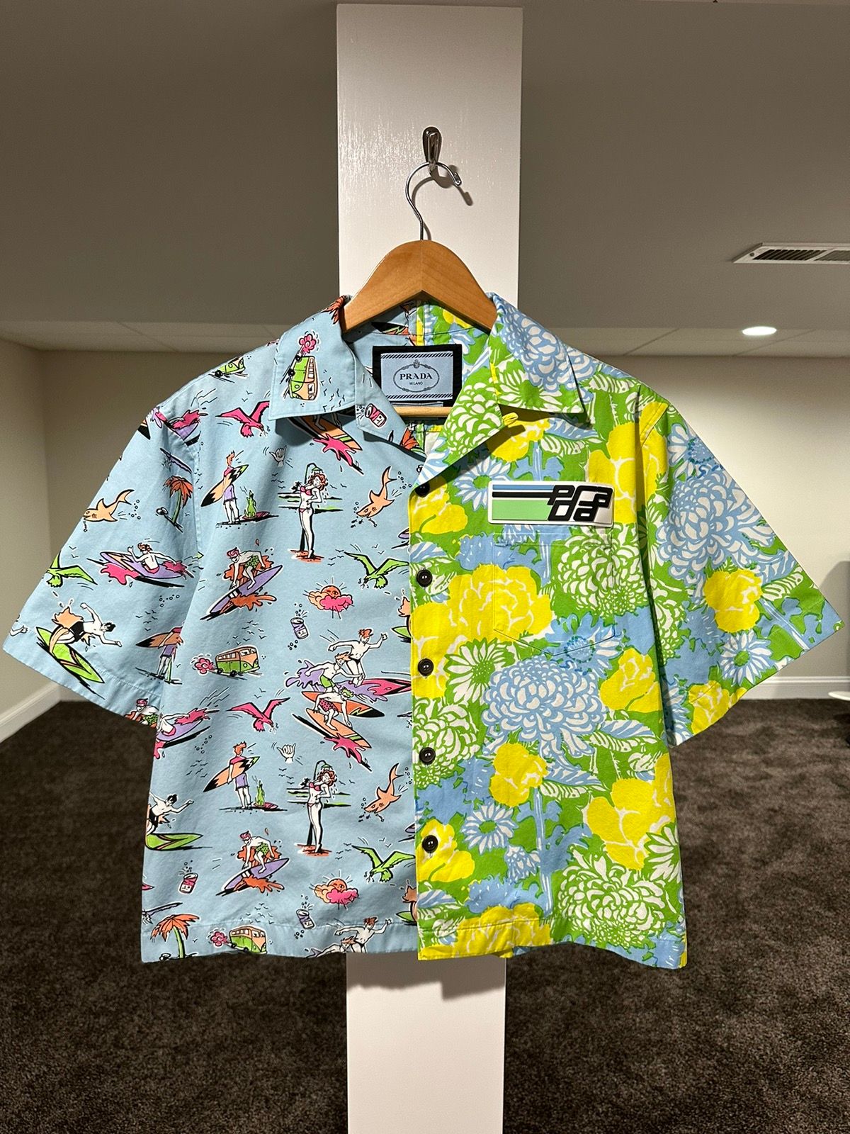 Pre-owned Prada Double Match Hawaiian Bowling Button Up Shirt In Blue