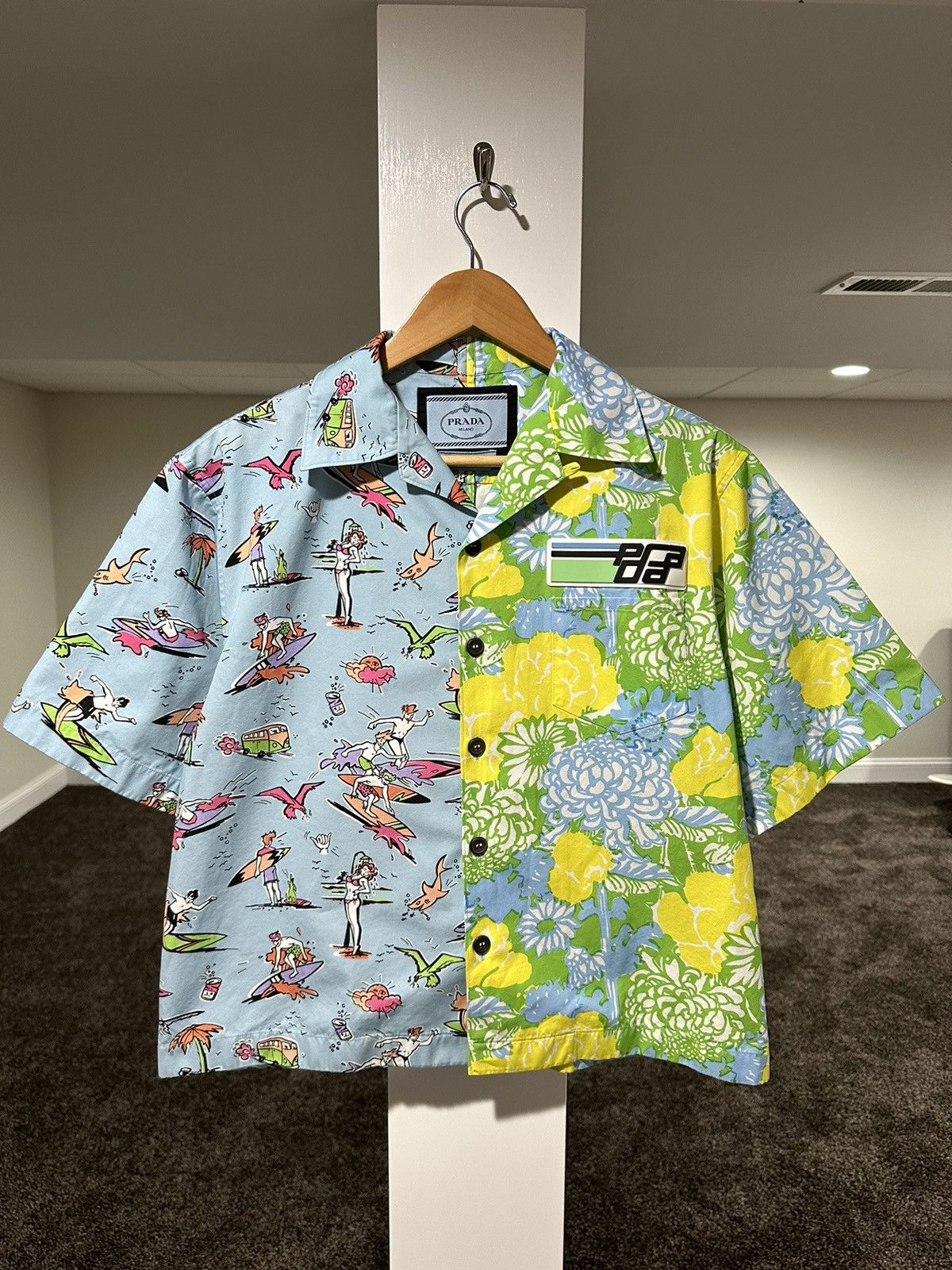 image of Prada Double Match Hawaiian Bowling Button Up Shirt in Blue, Men's (Size Small)