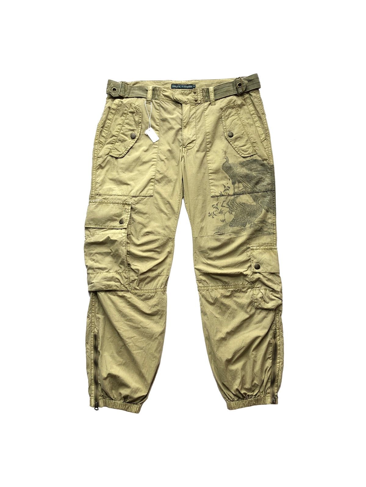 image of Maharishi x Polo Ralph Lauren Military Ripstop Peacock Print Parachute Cargo Pant in Miltary Green 