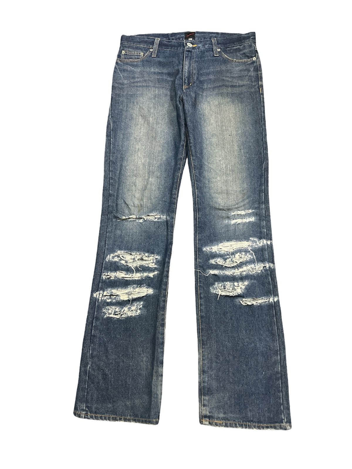 image of Distressed Denim x Jack Rose Thrashed Jackrose Flared Denim Pants in Blue, Men's (Size 34)