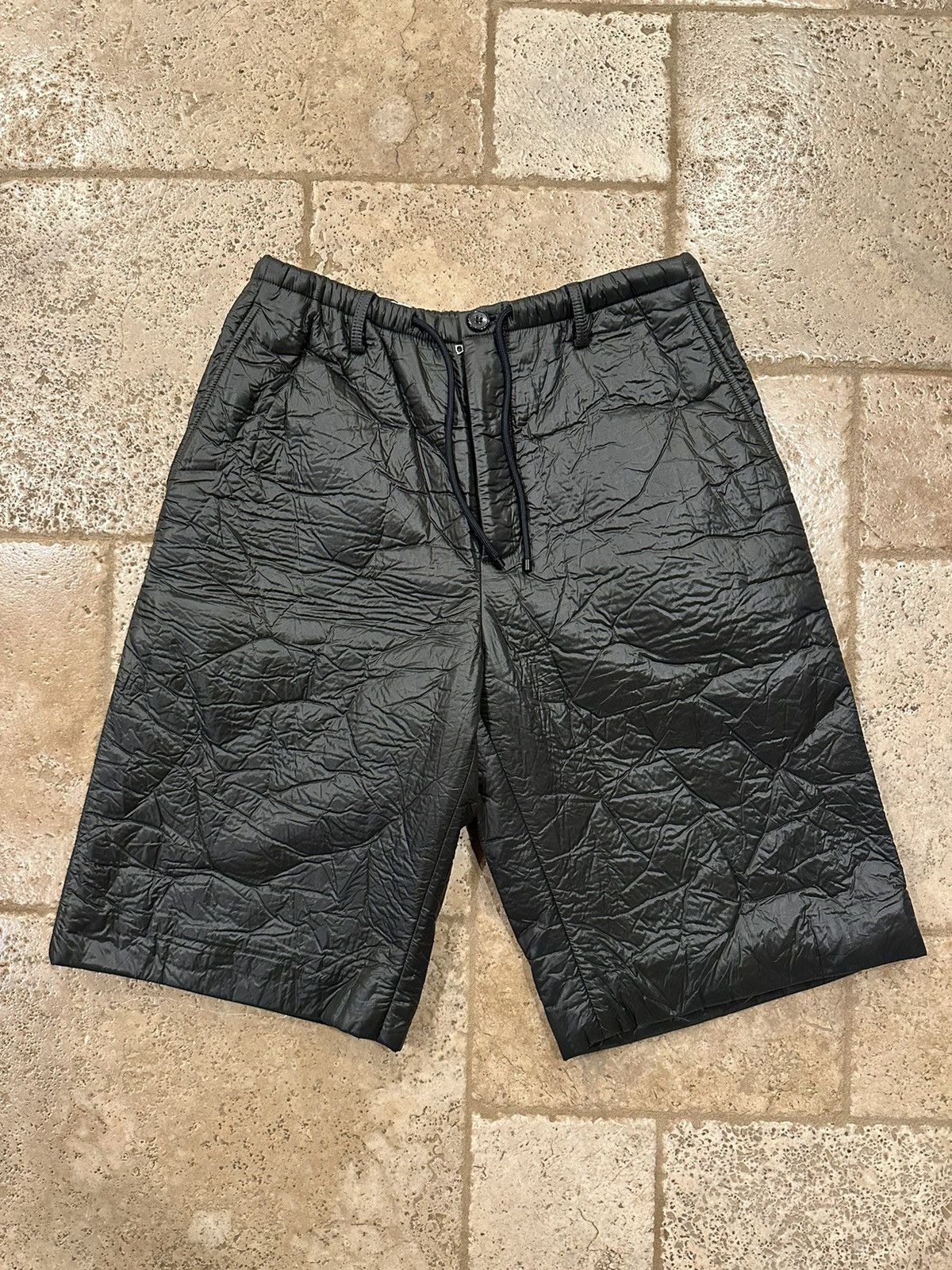 image of Dries Van Noten Plyd Crinkled / Wrinkled Padded Green Shorts, Men's (Size 30)