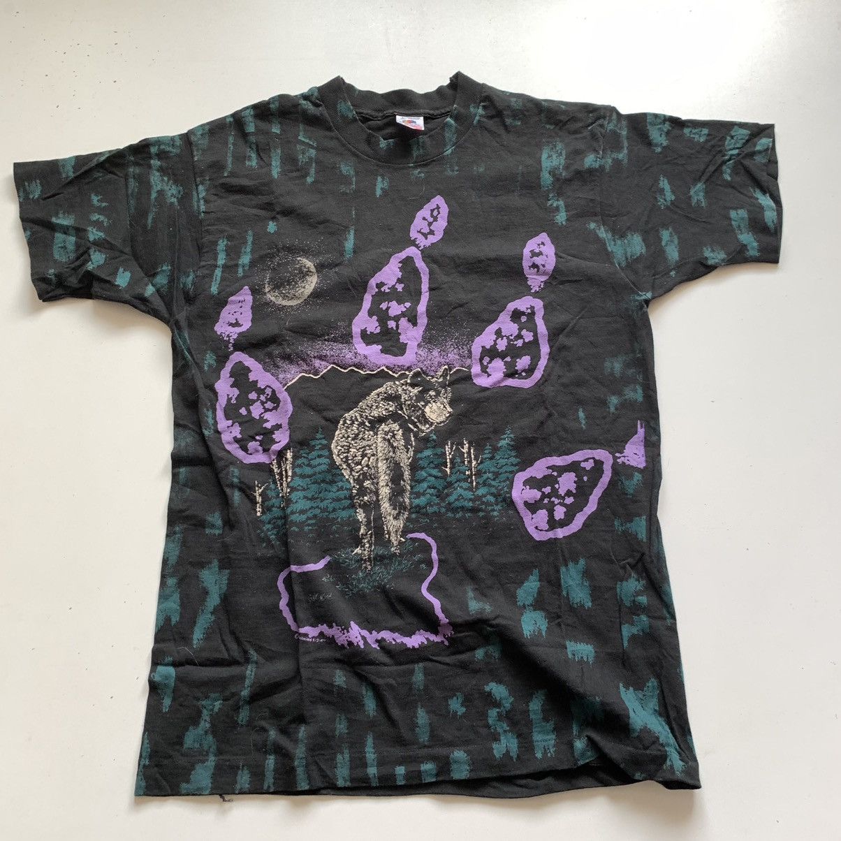 image of Animal Tee x Vintage 90's Wolf Wildlife Nature All Over Print T Shirt in Black, Men's (Size Medium)