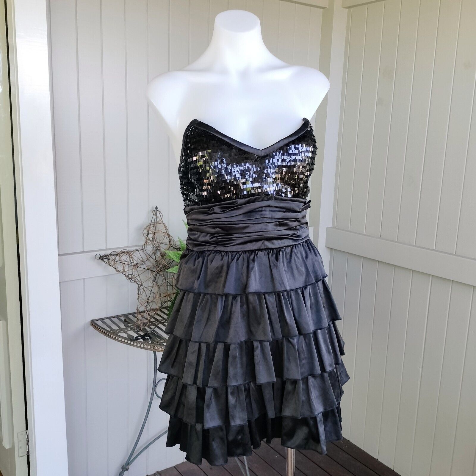 Designer Elle Zeitoune Dress Black Mini Strapless Satin Tiered Size M / US 6-8 / IT 42-44 - 2 Thumbnail