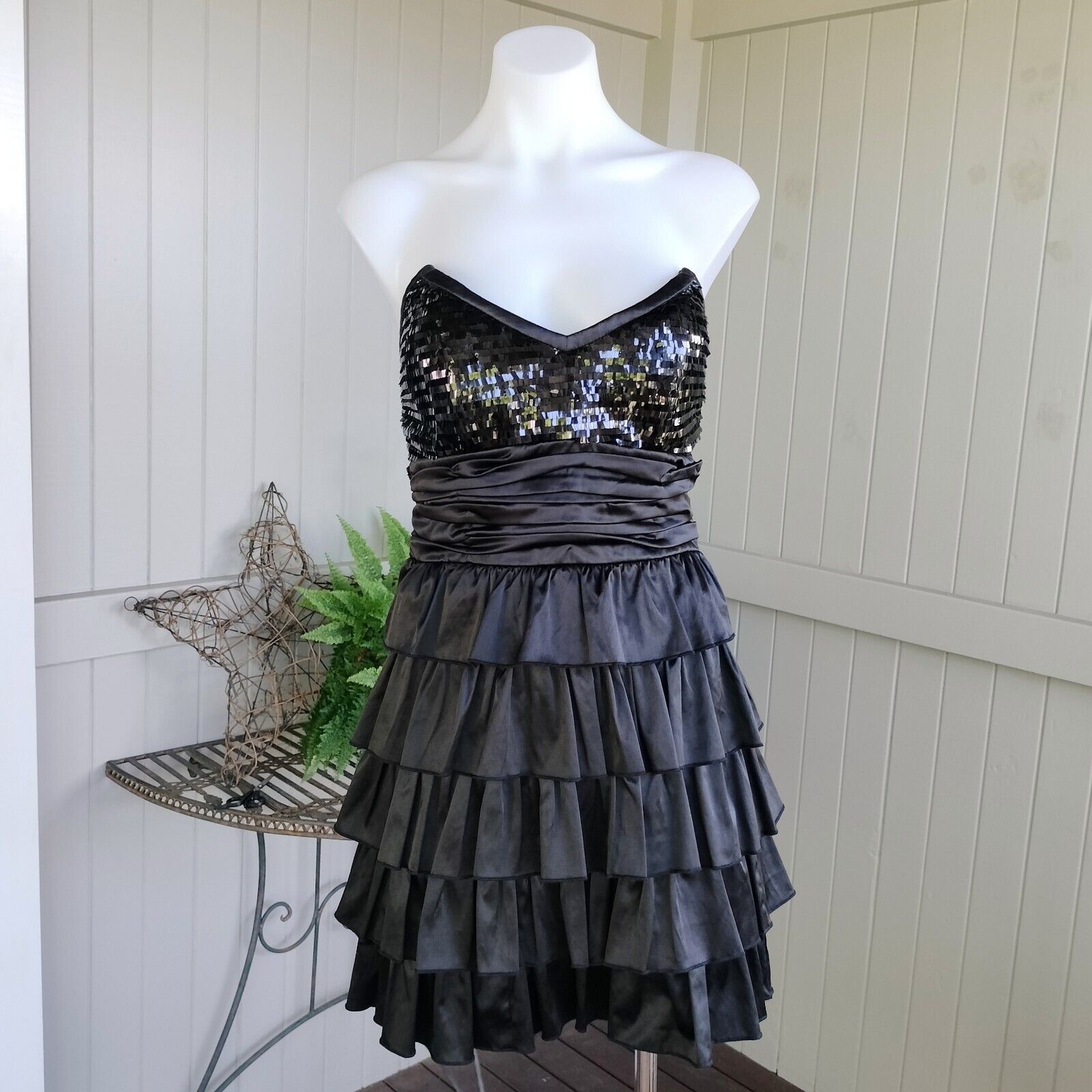 Designer Elle Zeitoune Dress Black Mini Strapless Satin Tiered Size M / US 6-8 / IT 42-44 - 1 Thumbnail