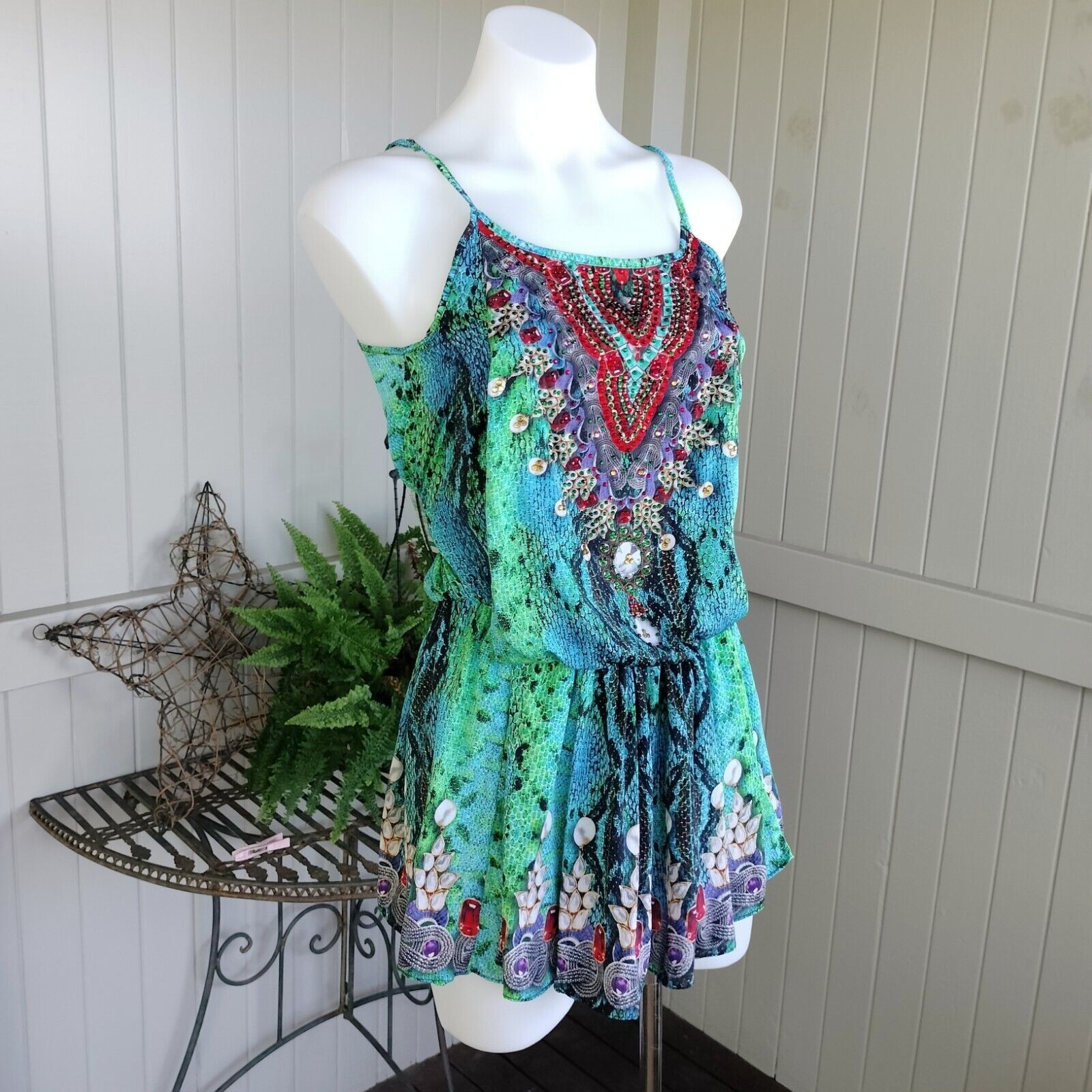 Other Mooloola Playsuit Romper Blue Green Animal Print Embellished Size 27" / US 4 / IT 40 - 2 Thumbnail