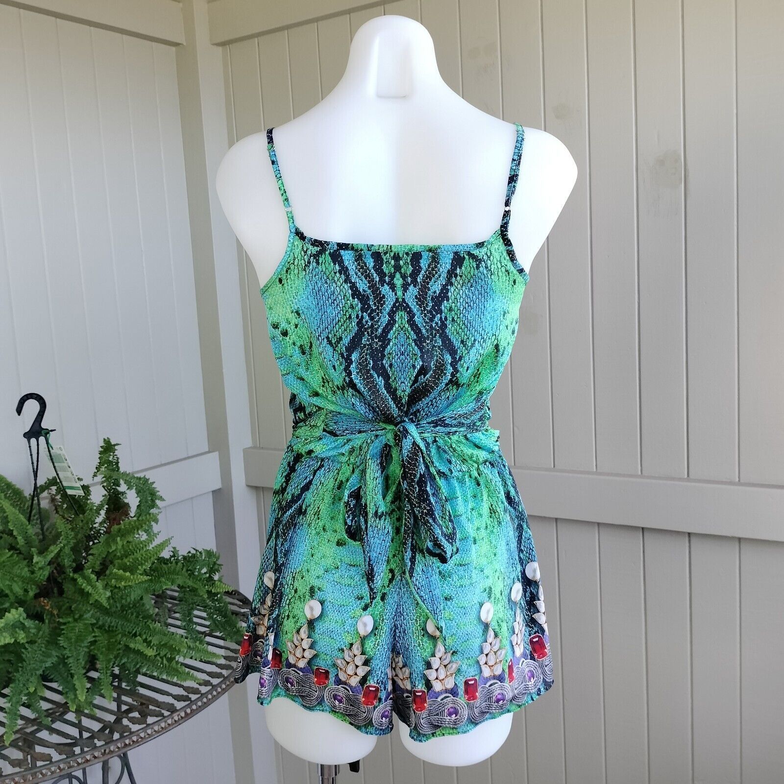 Other Mooloola Playsuit Romper Blue Green Animal Print Embellished Size 27" / US 4 / IT 40 - 3 Thumbnail