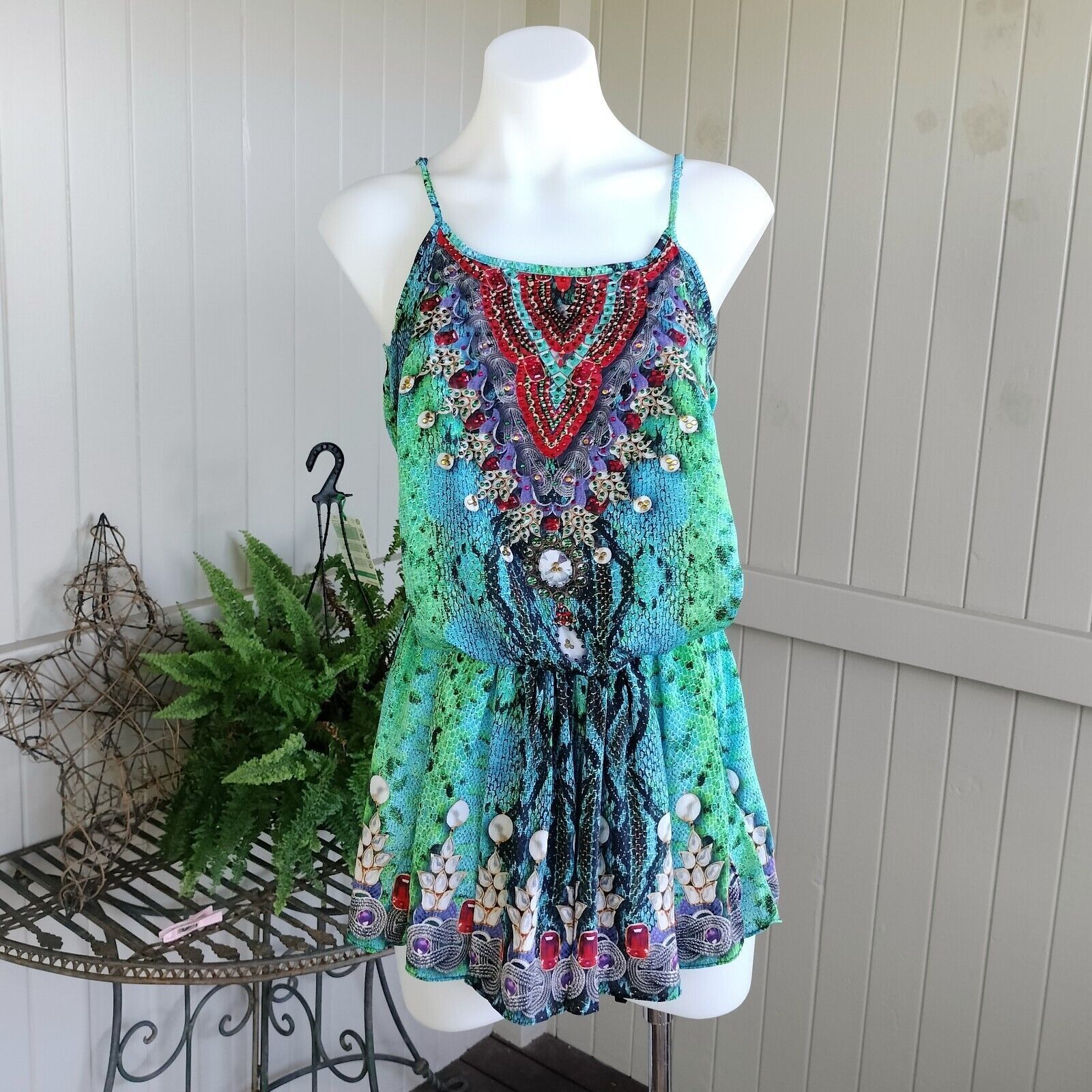 Other Mooloola Playsuit Romper Blue Green Animal Print Embellished Size 27" / US 4 / IT 40 - 1 Thumbnail