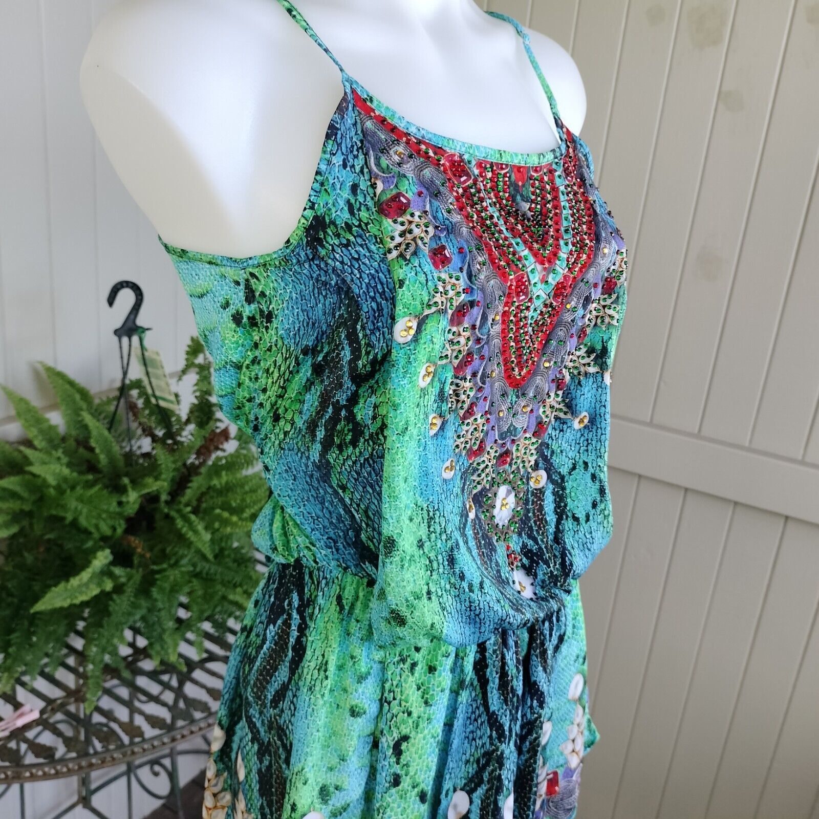 Other Mooloola Playsuit Romper Blue Green Animal Print Embellished Size 27" / US 4 / IT 40 - 7 Thumbnail