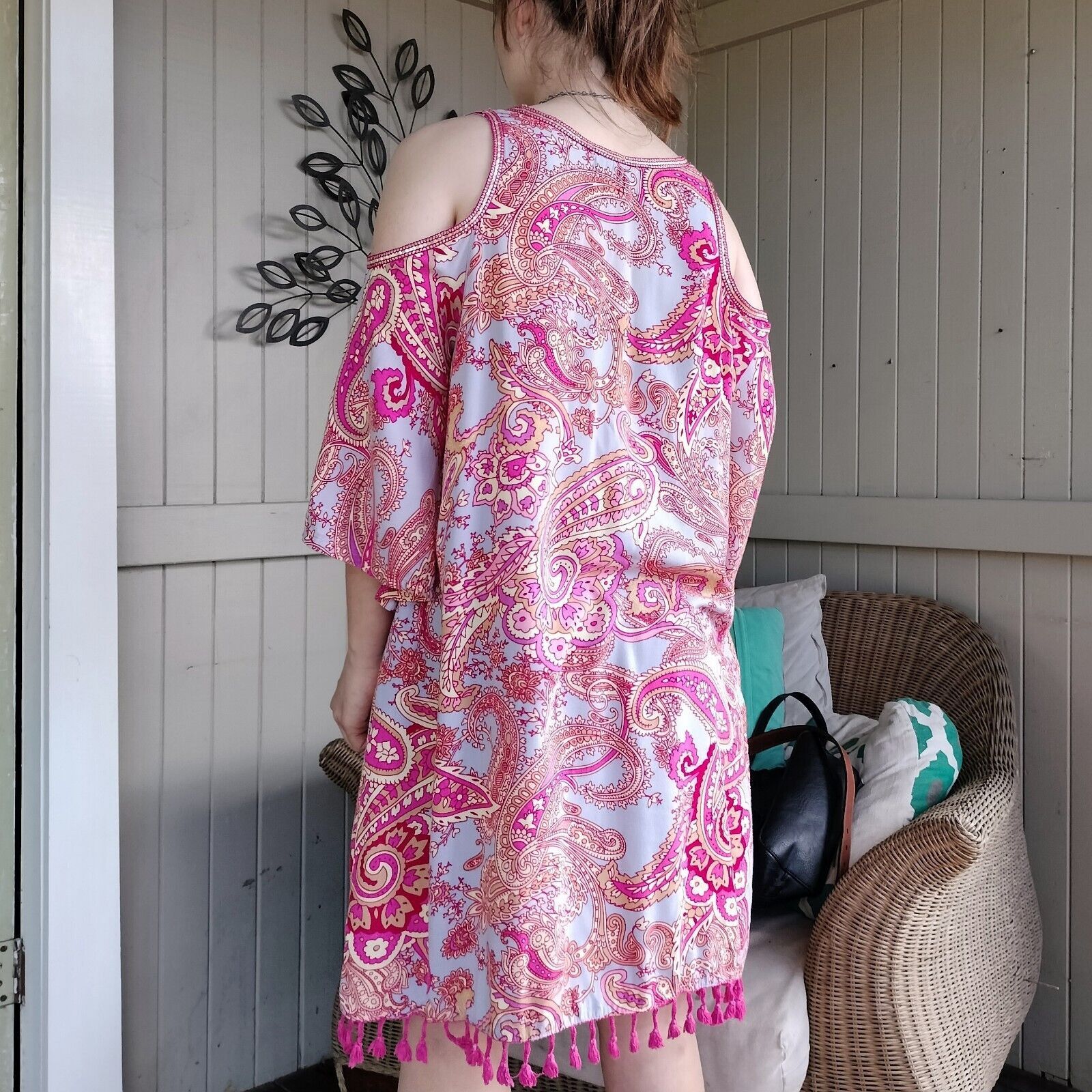Designer Adrift Dress Pink Floral Paisley Mini Shift Bell Sleeve Size M / US 6-8 / IT 42-44 - 4 Thumbnail