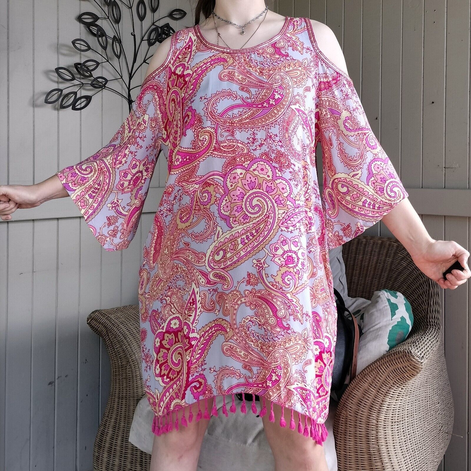 Designer Adrift Dress Pink Floral Paisley Mini Shift Bell Sleeve Size M / US 6-8 / IT 42-44 - 2 Thumbnail