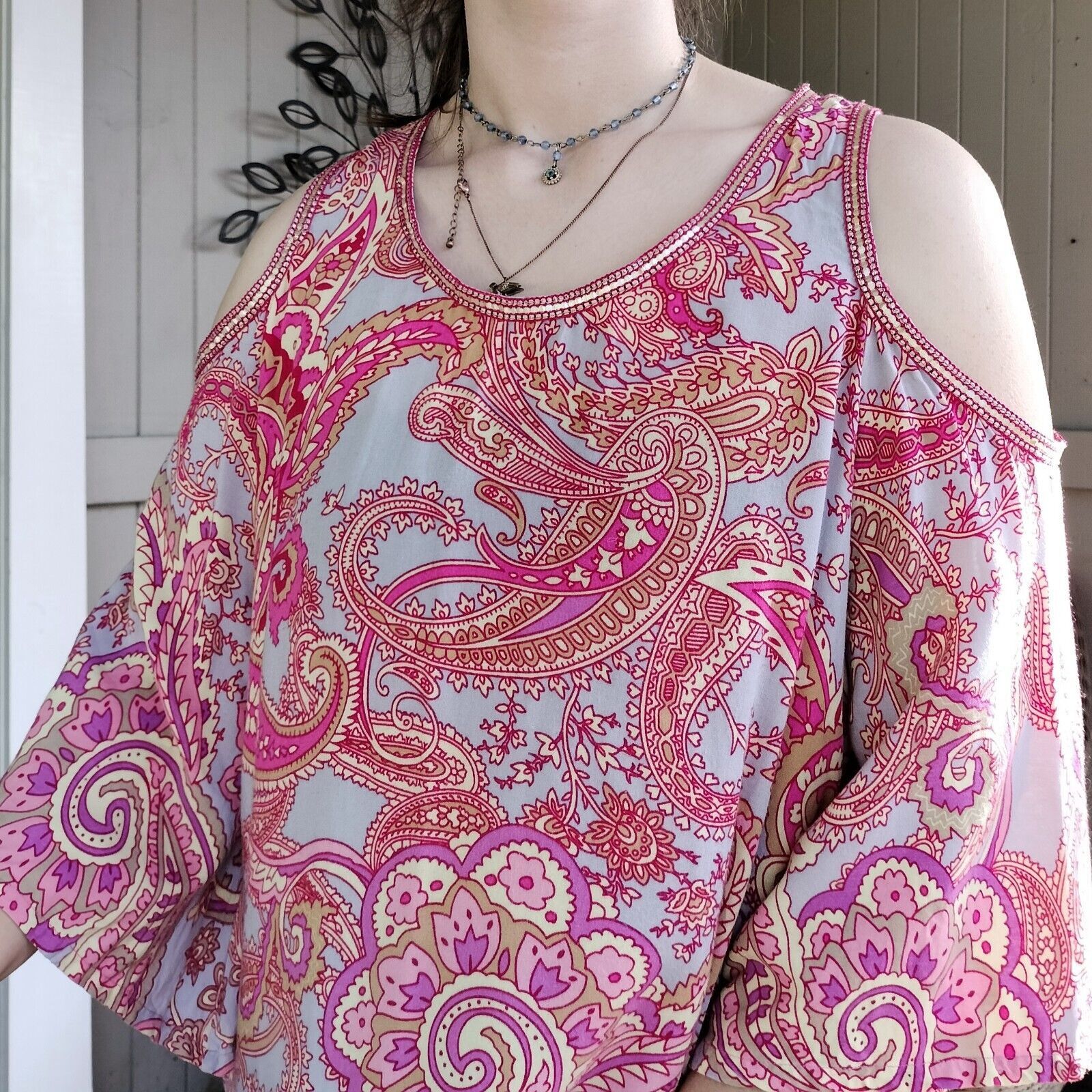 Designer Adrift Dress Pink Floral Paisley Mini Shift Bell Sleeve Size M / US 6-8 / IT 42-44 - 3 Thumbnail