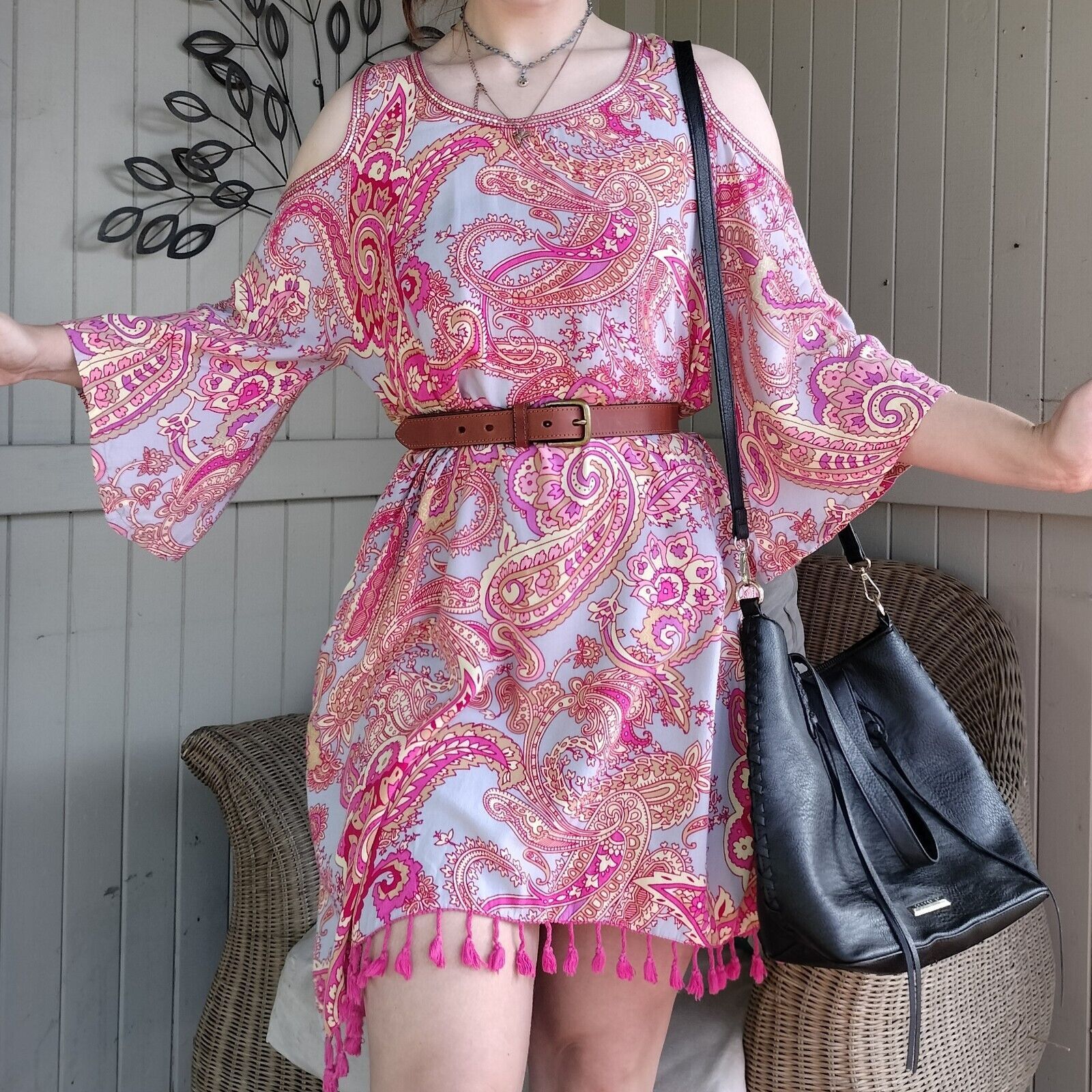 Designer Adrift Dress Pink Floral Paisley Mini Shift Bell Sleeve Size M / US 6-8 / IT 42-44 - 1 Thumbnail