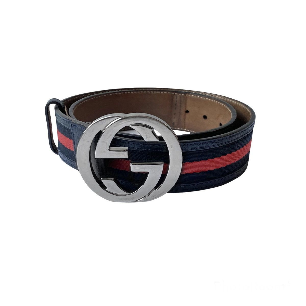 Gucci GUCCI STRIP RED BLUE LEATHER BELT WEB SILVER INTERLOCKING Size 28 - 1 Thumbnail