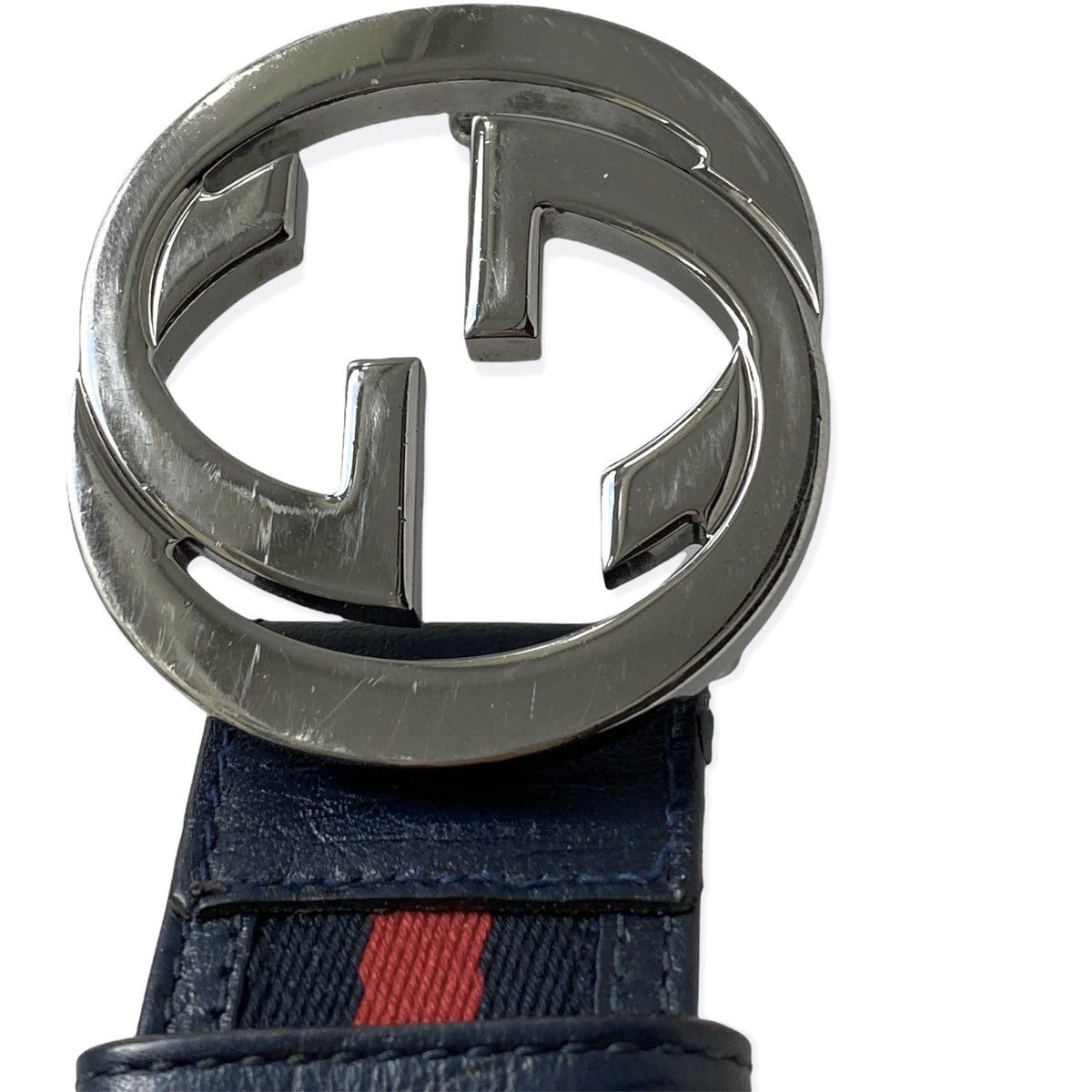 Gucci GUCCI STRIP RED BLUE LEATHER BELT WEB SILVER INTERLOCKING Size 28 - 2 Thumbnail