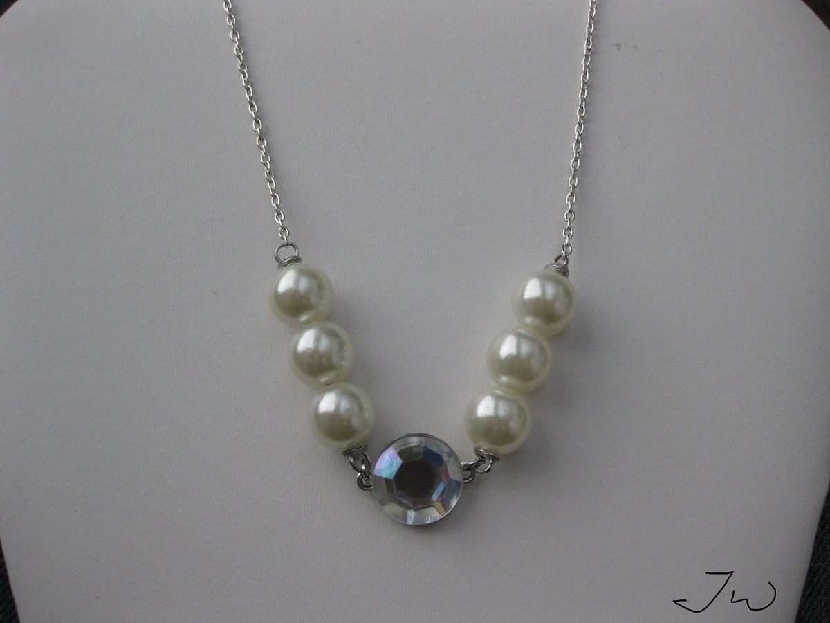 Handmade White Pearl Beads Chain Necklace with CZ Size ONE SIZE - 1 Thumbnail