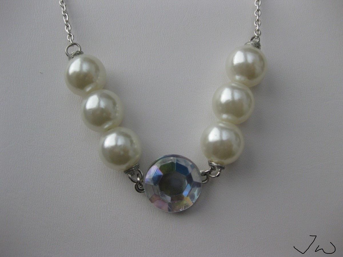 Handmade White Pearl Beads Chain Necklace with CZ Size ONE SIZE - 3 Thumbnail