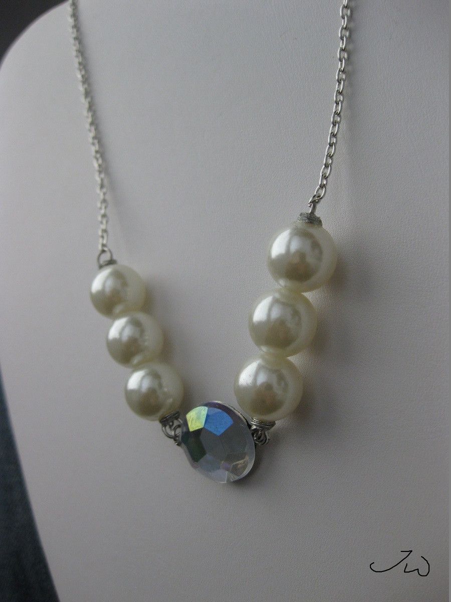 Handmade White Pearl Beads Chain Necklace with CZ Size ONE SIZE - 2 Thumbnail