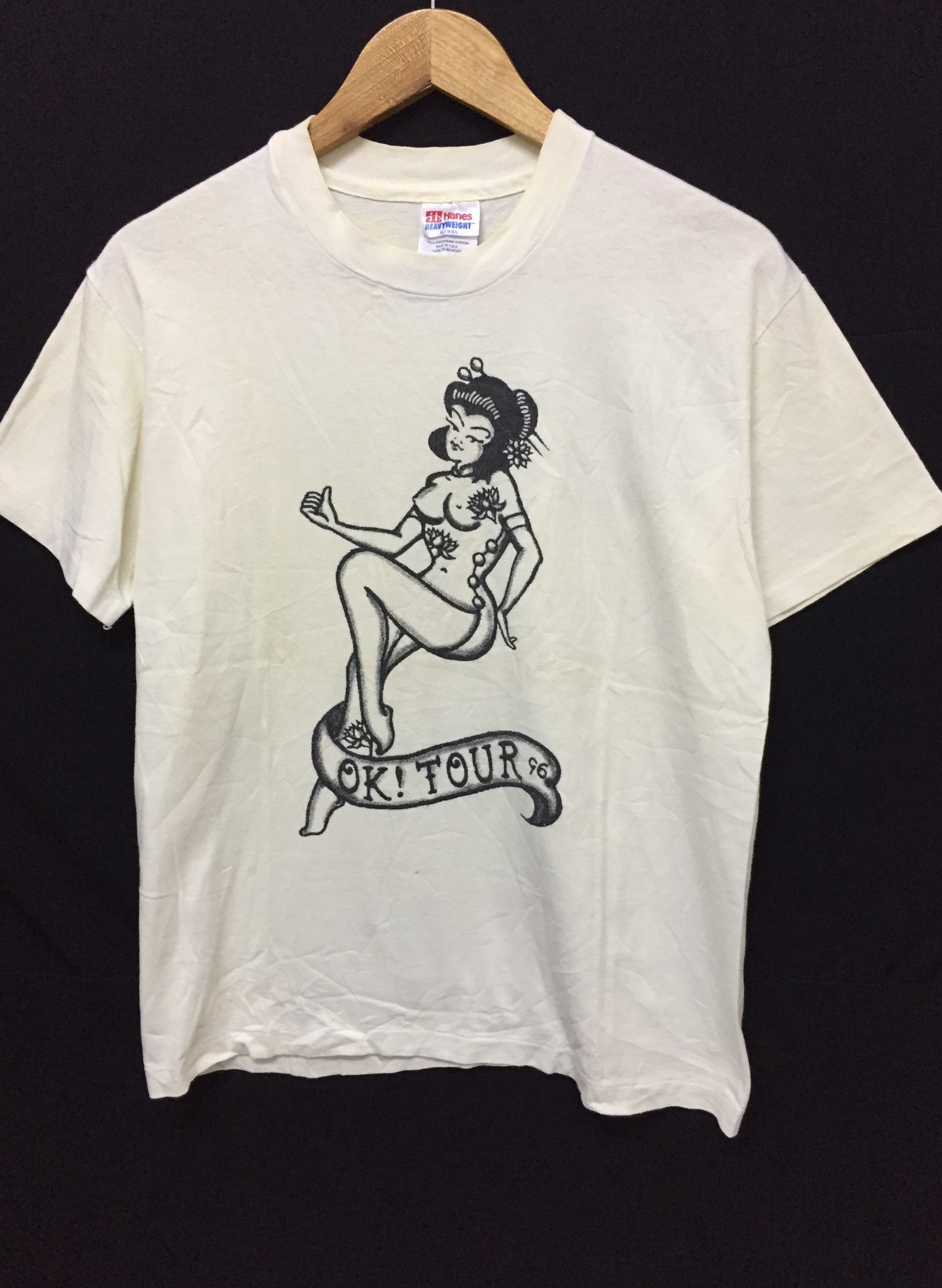 image of 1996 Geisha Ok Tour Tattoo Pin Up Girl Hanes Tee in White, Men's (Size Small)