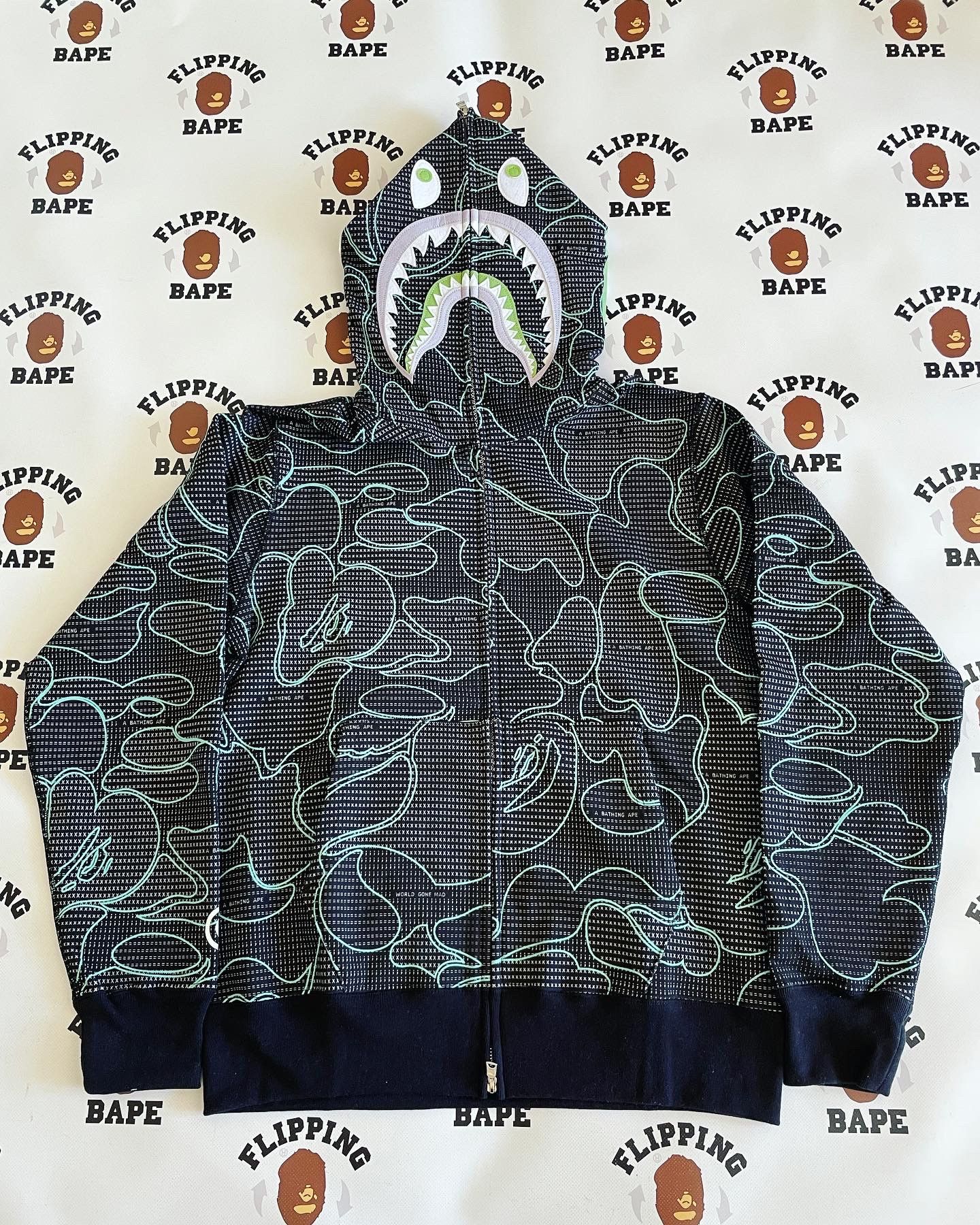 image of Bape Text Code Camo Shark Full Zip Hoodie in Black, Men's (Size Medium)