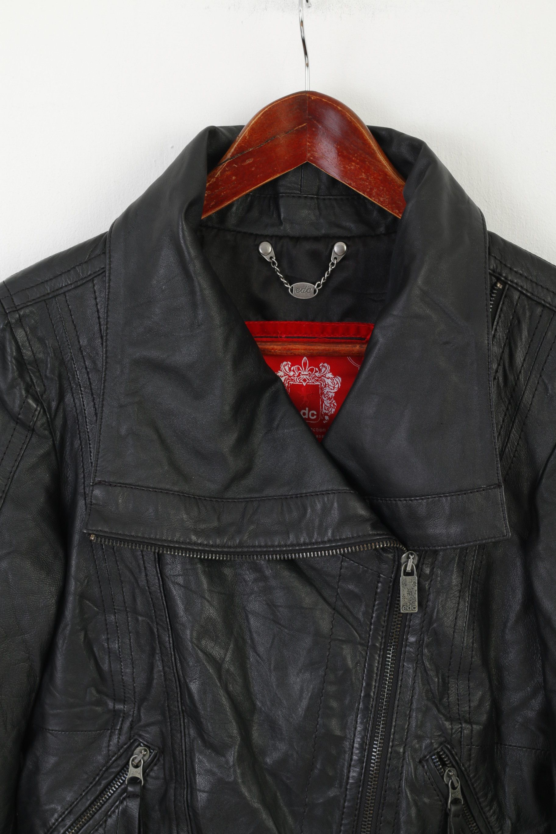 Vintage EDC Women S Jacket Black Sheep Leather Biker 0092 Size S / US 4 / IT 40 - 3 Thumbnail